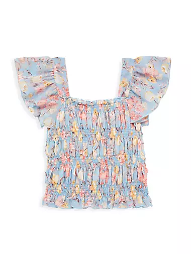 Ruffle-Trim Smocked Floral Top