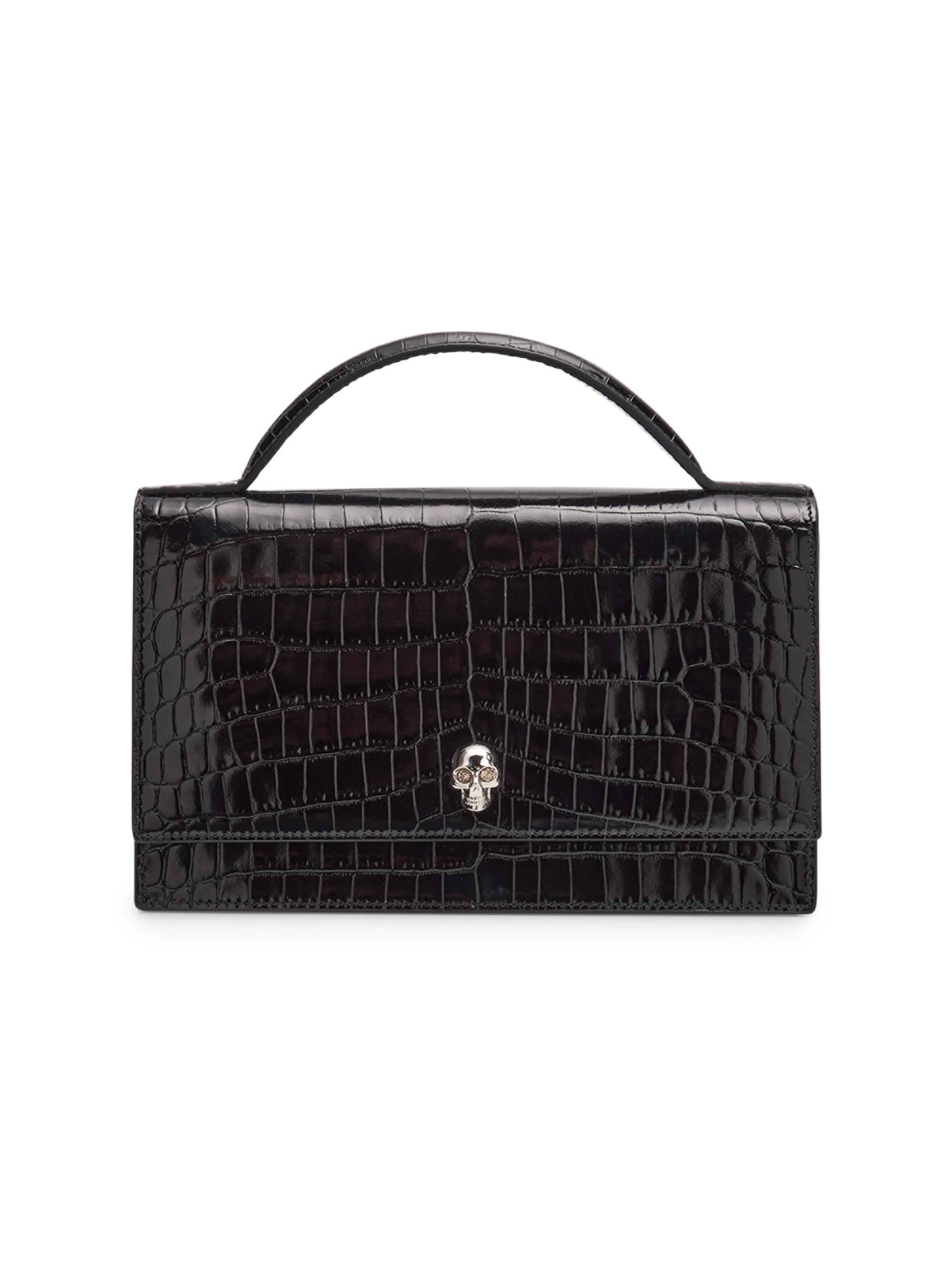 McQueen Women's  Croc-Embossed Leather Top Handle Bag - Black