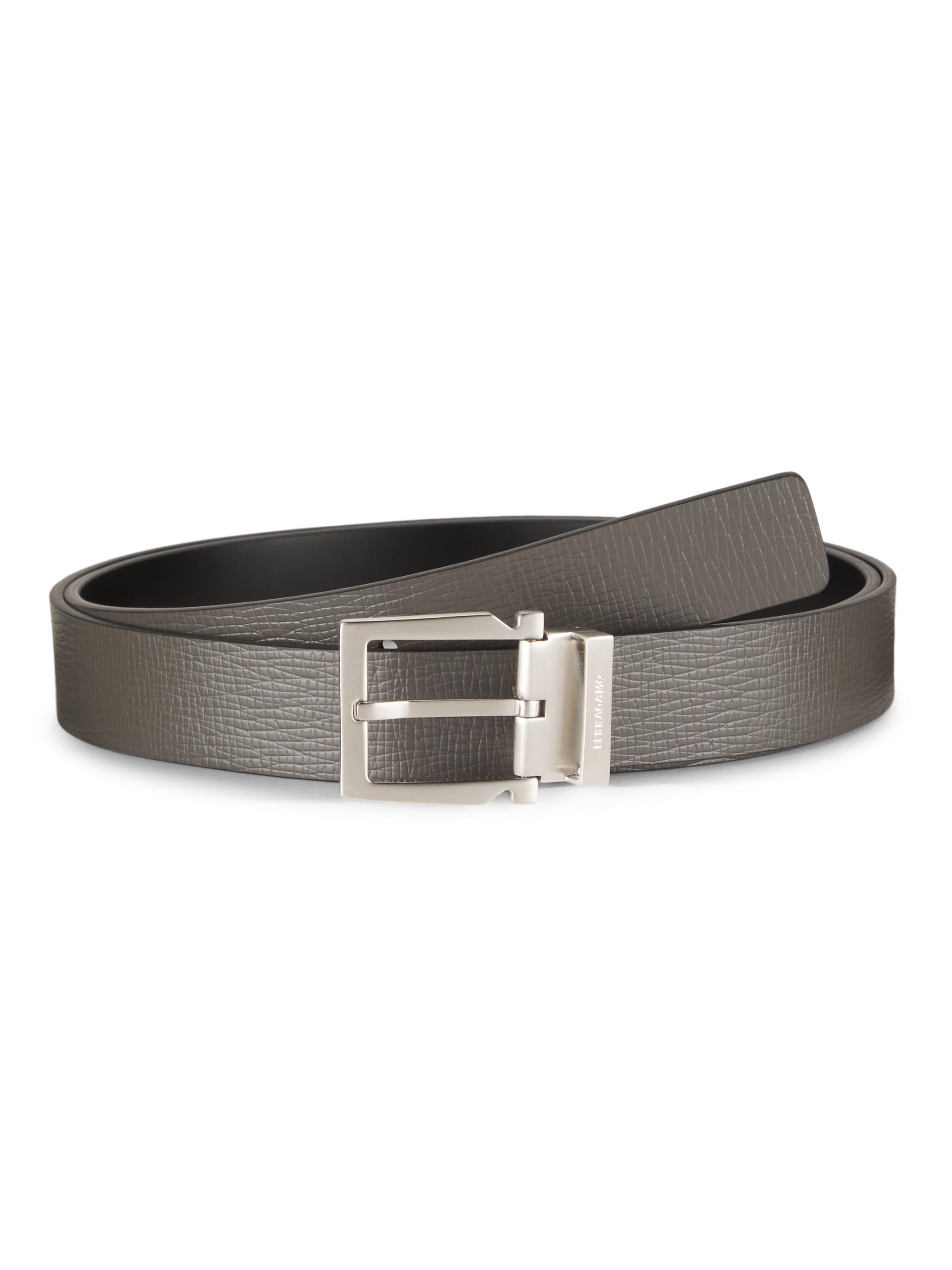 FERRAGAMO Men's Double Adjustable Reversible Leather Belt - Grey Nero