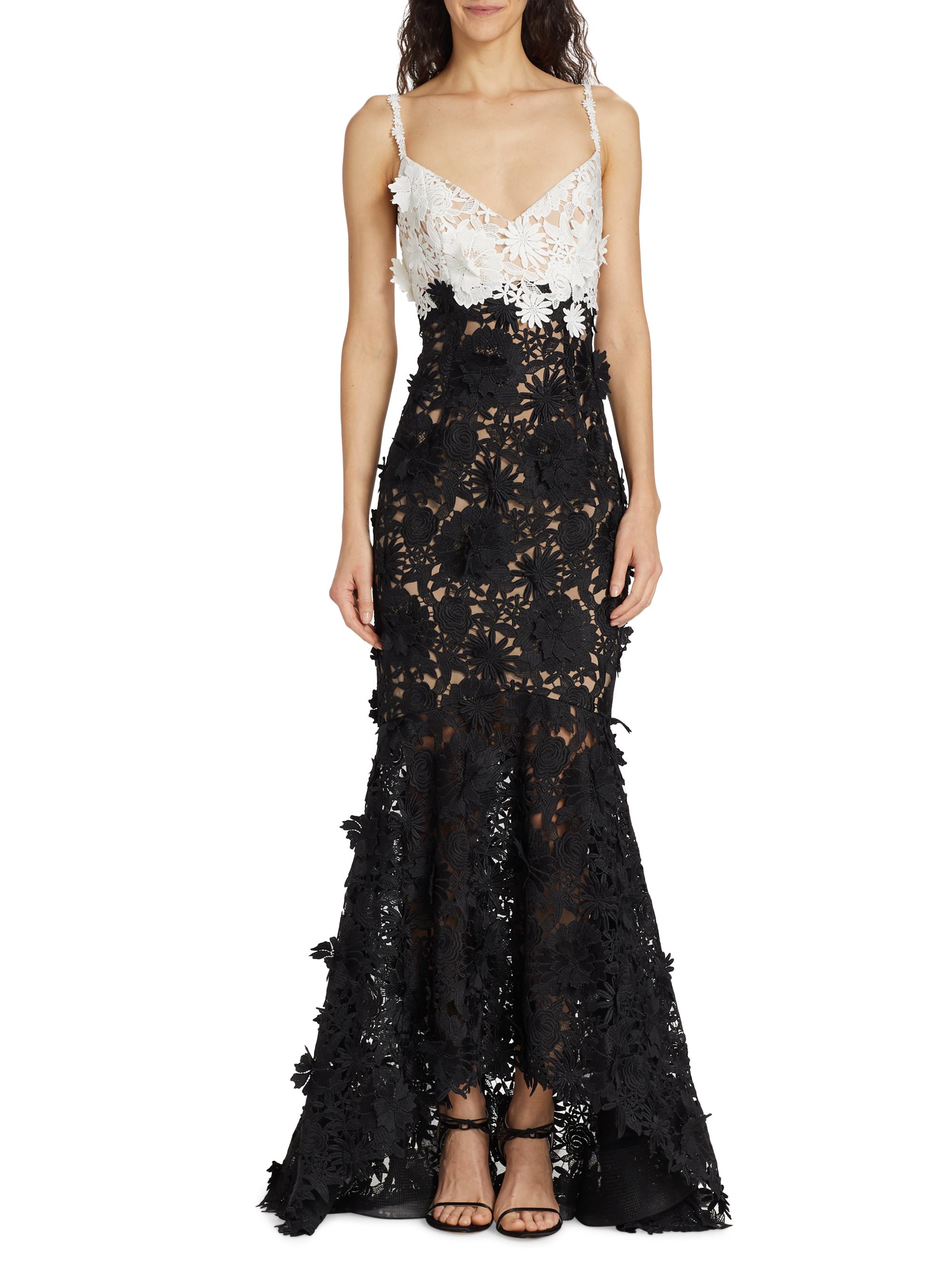Marchesa Notte 3D Guipure Lace V-Neck Gown