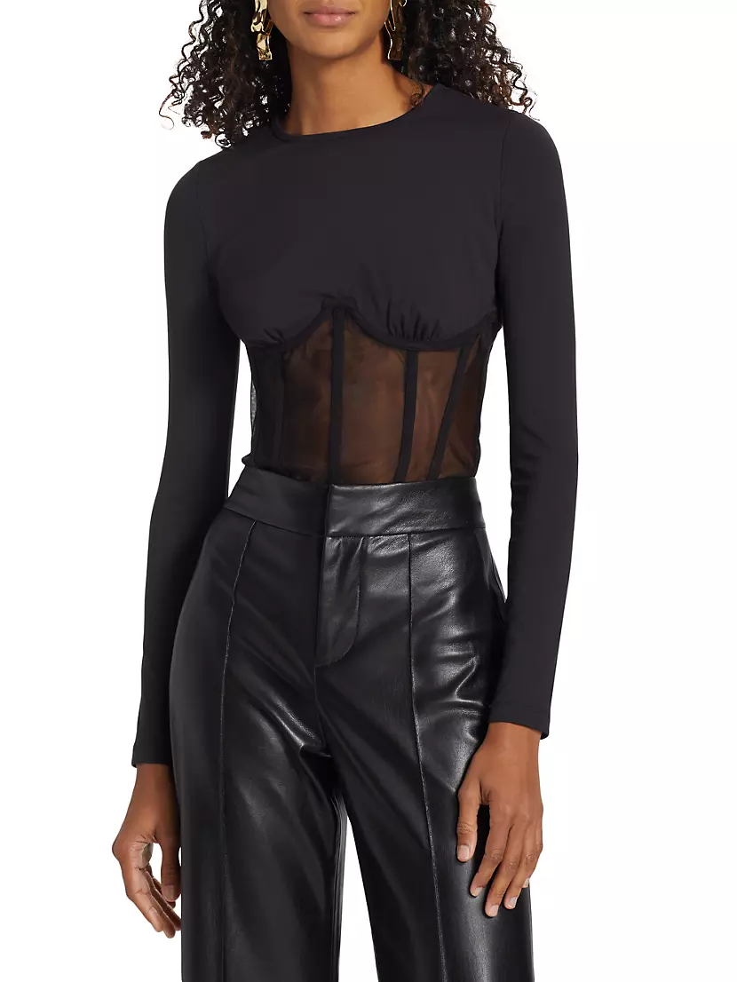 Devina Long Sleeve Corset Mesh Bodysuit (Black)  Black bodysuit, Dressy  tops, Denim accessories