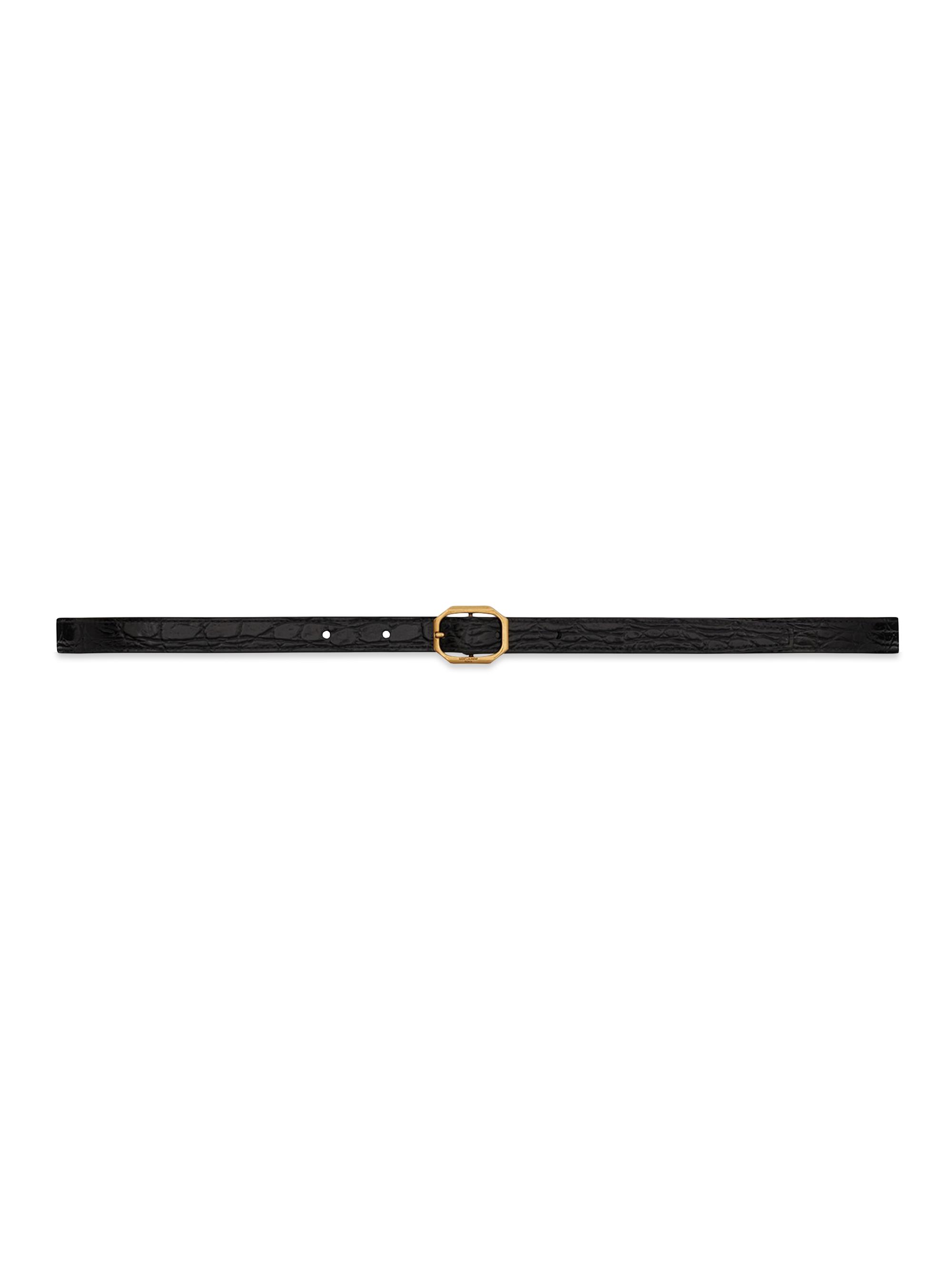 Saint Laurent Women's Frame Buckle Thin Belt in Crocodile-Embossed Leather - Nero