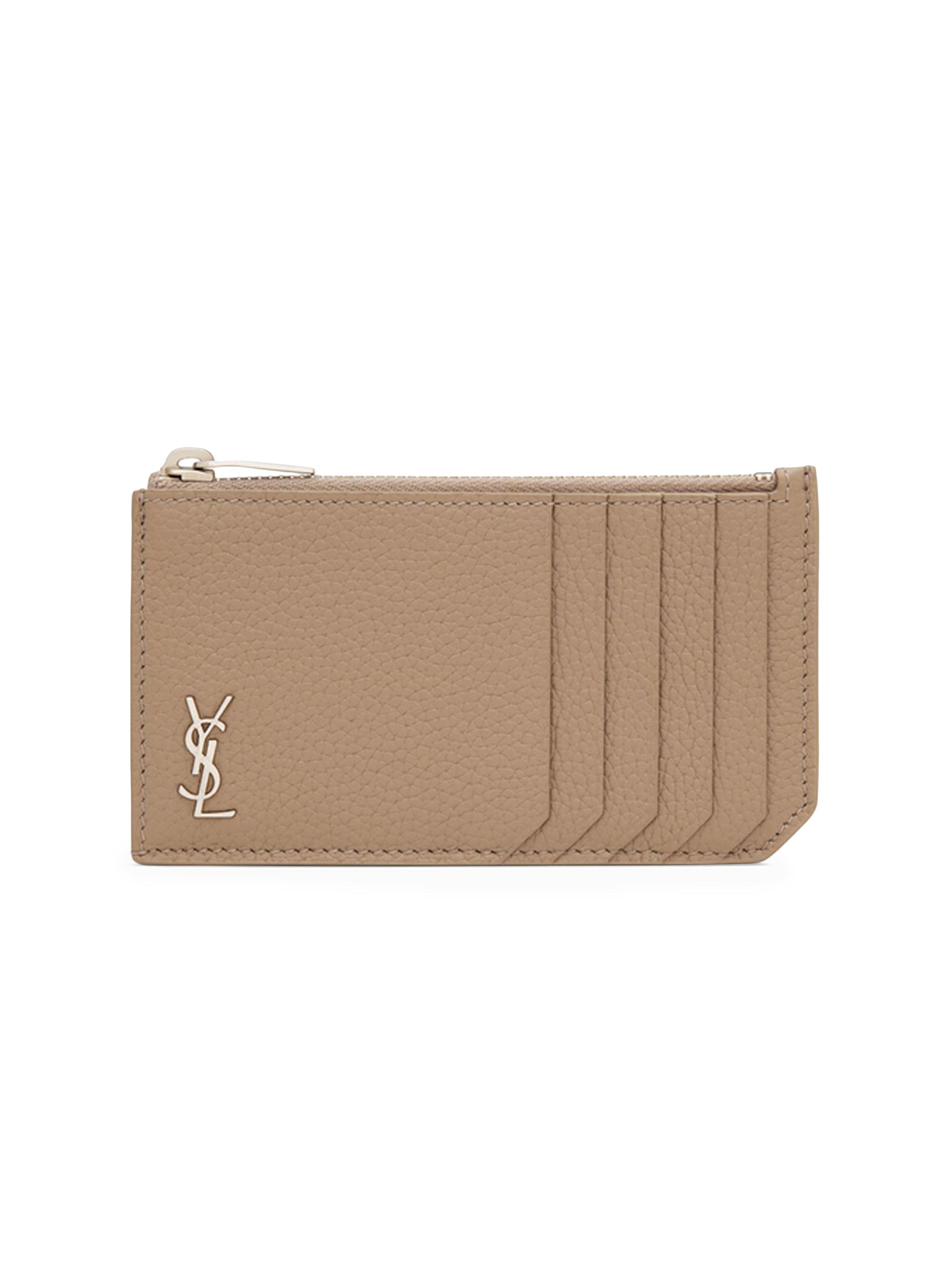 Saint Laurent Men's Tiny Cassandre Fragments Zipped Card Case In Grained Leather - Brown