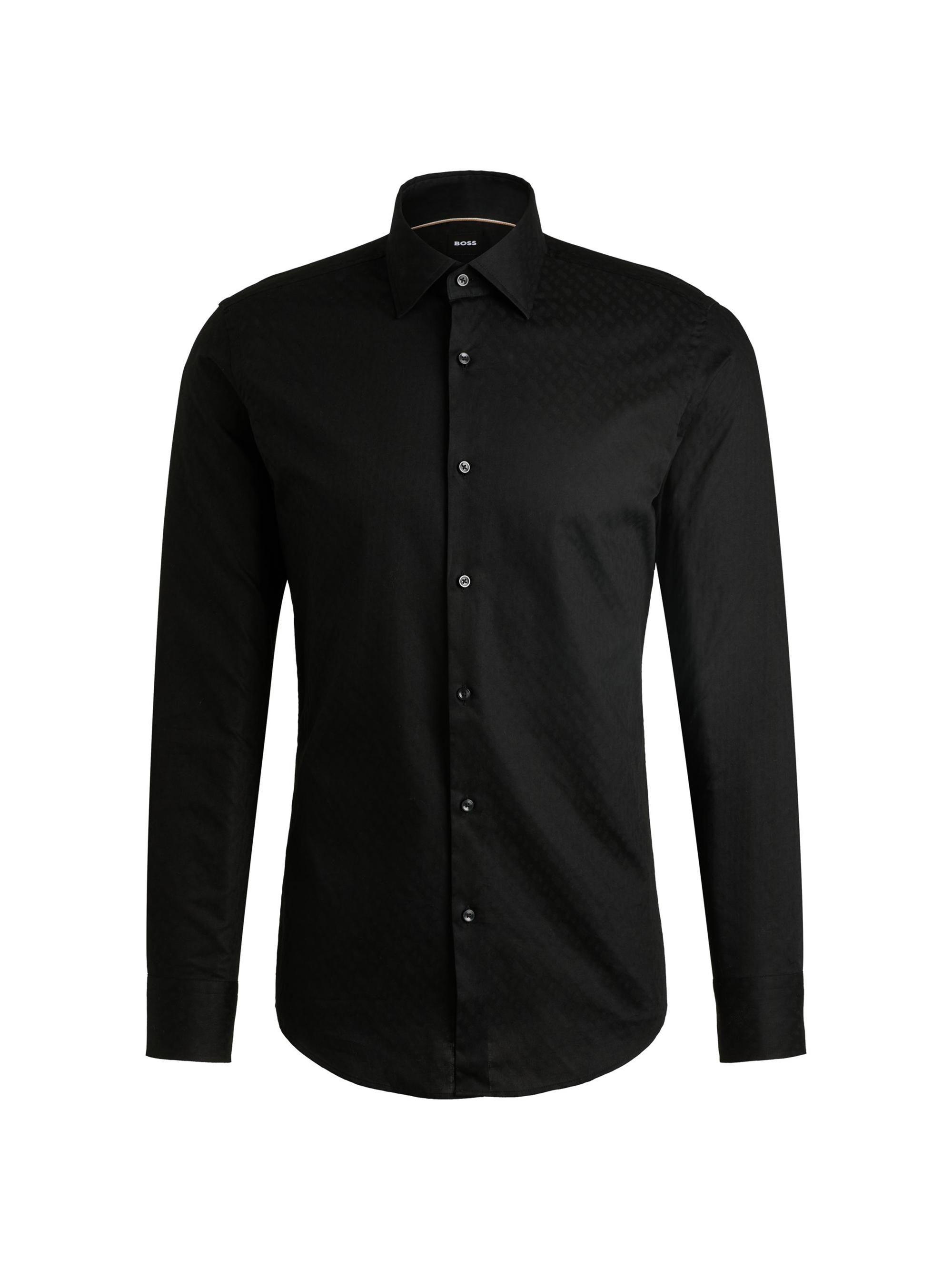 BOSS Men's Slim-Fit Shirt in Italian Cotton with Jacquard Monograms - Black