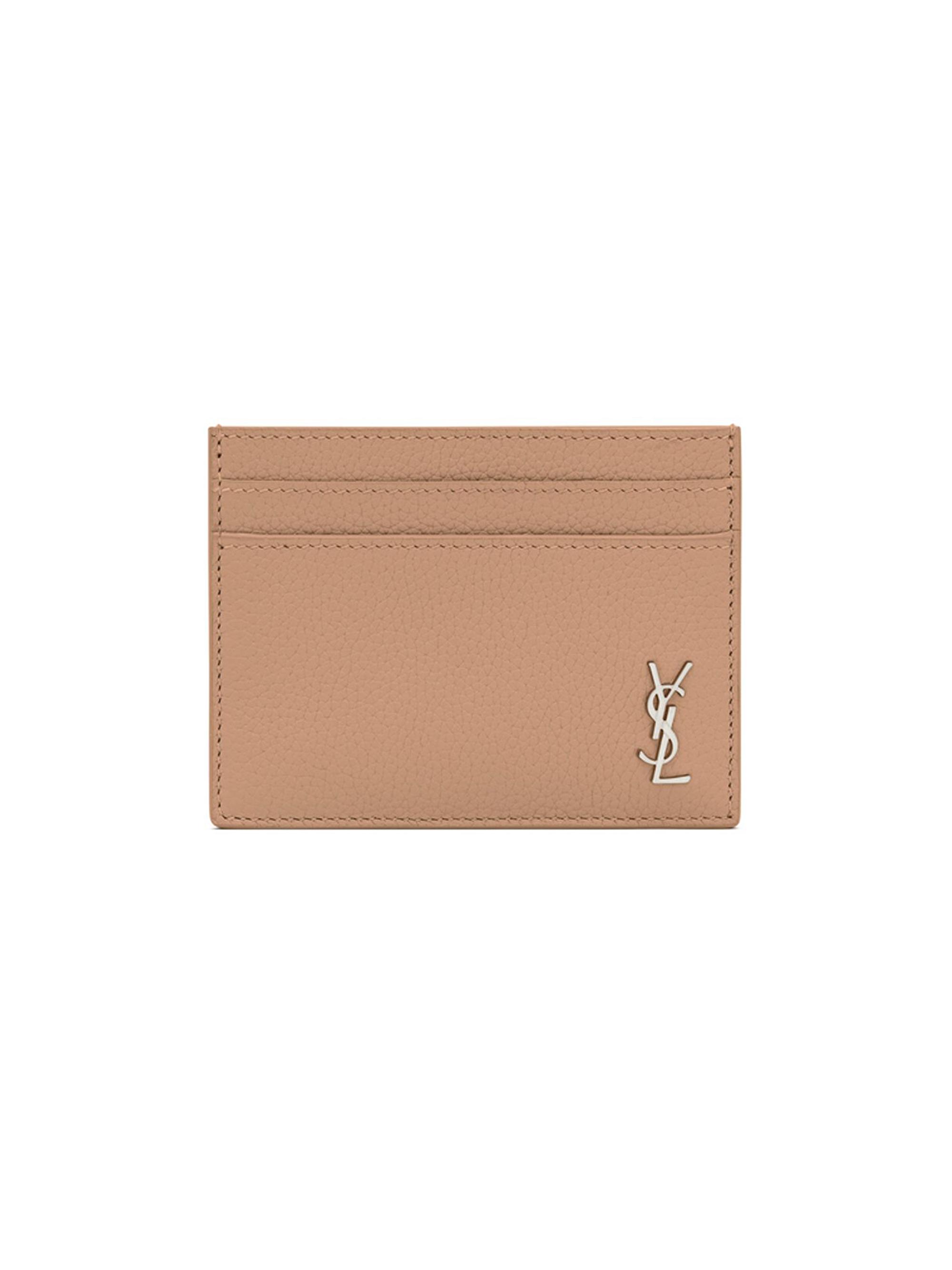 Saint Laurent Men's Tiny Cassandre Card Case In Grained Leather - Greyish Brown