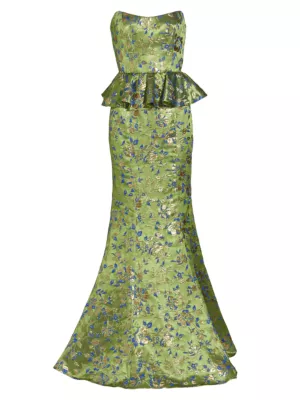 Shop Marchesa Notte Floral Jacquard Peplum Gown | Saks Fifth Avenue