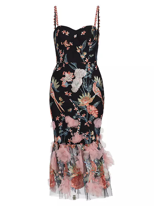 Shop Marchesa Notte Embroidered & Tulle Midi-Dress | Saks Fifth Avenue