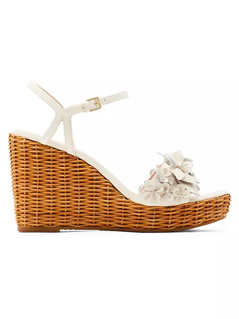 Leather Monogram Low Wedge Sandals, WHITE