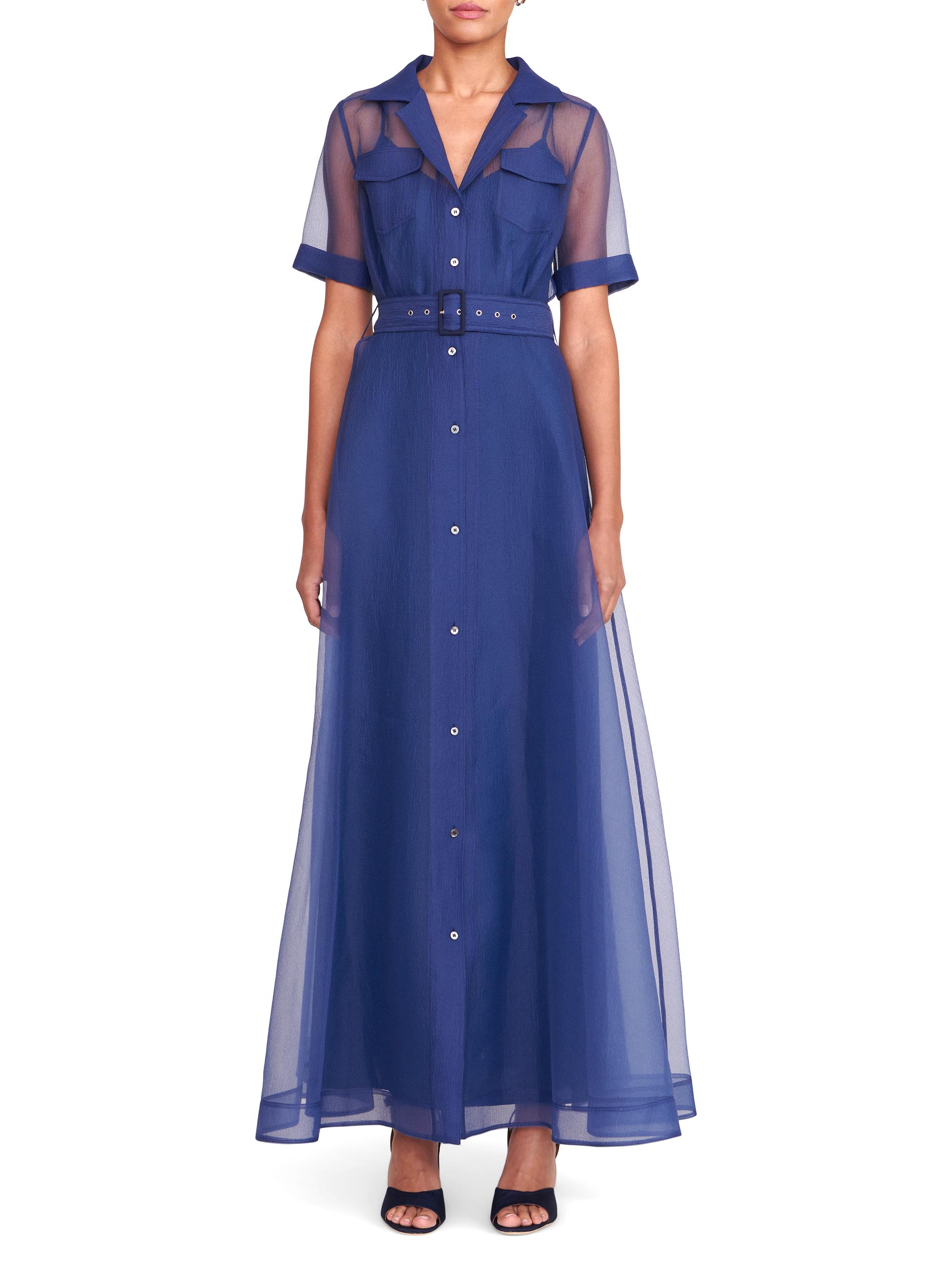 millie dress navy organza Staud Millie Organza Maxi Shirtdress - Navy 50% Off