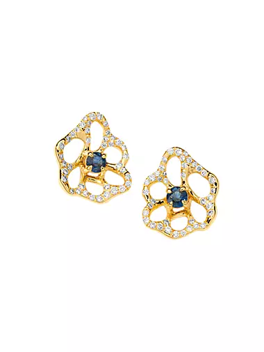 Stardust 18K Yellow Gold, Blue Sapphire & 0.3 TCW Diamond Flower Stud Earrings