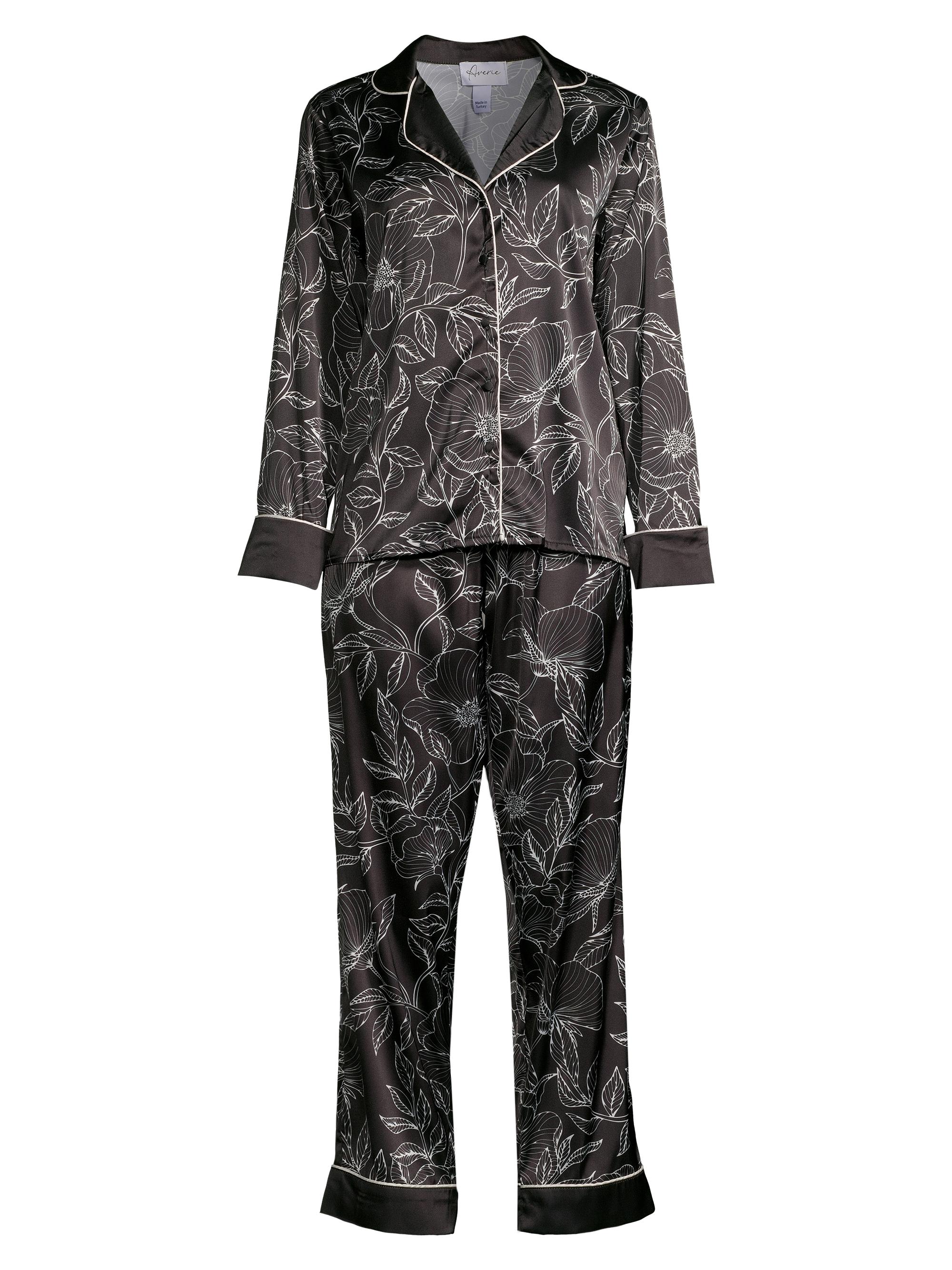 Averie Women's Leaf Print Long Pajama Set - Black