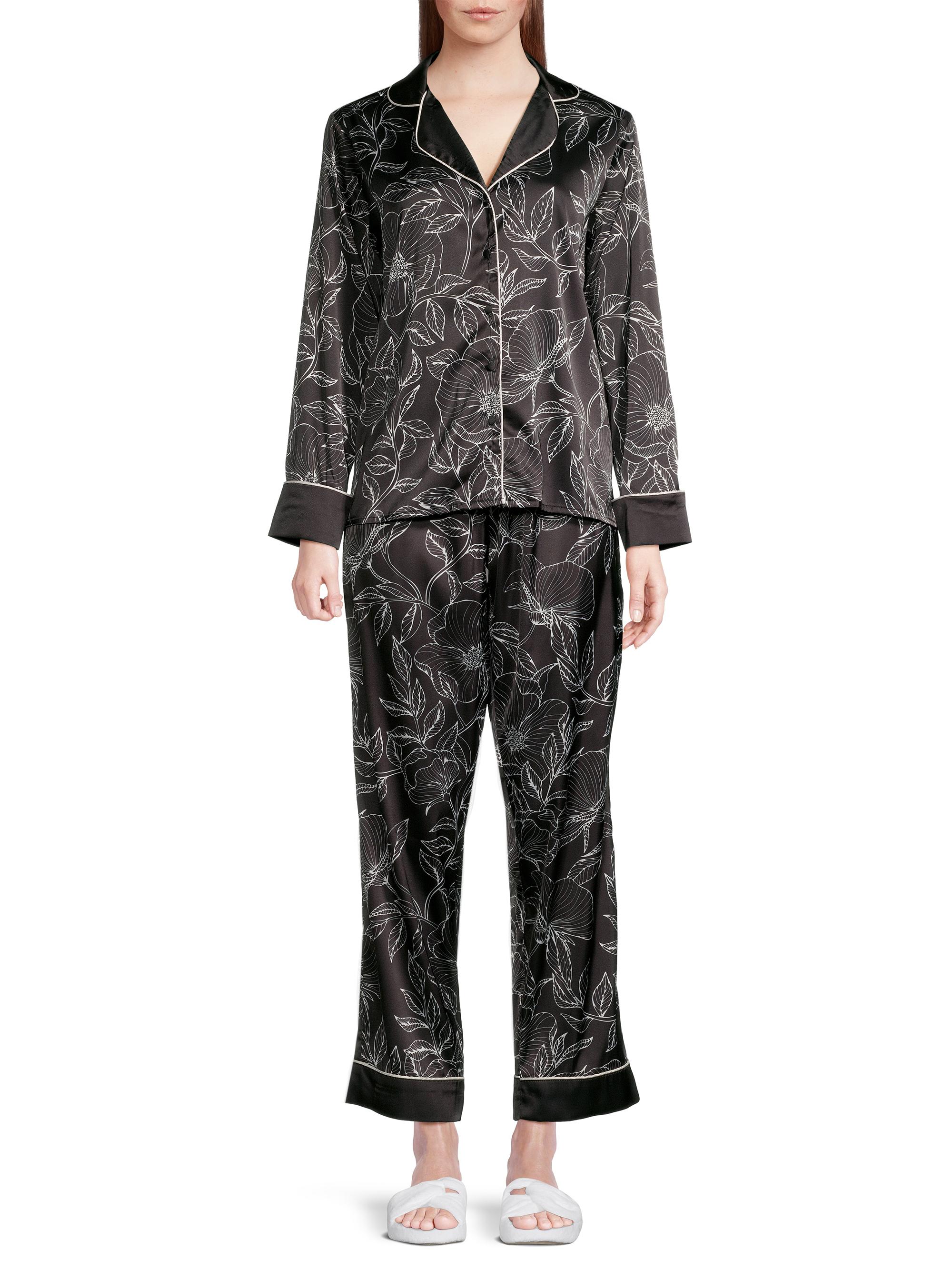 Averie Women's Leaf Print Long Pajama Set - Black | Thumbnail 3