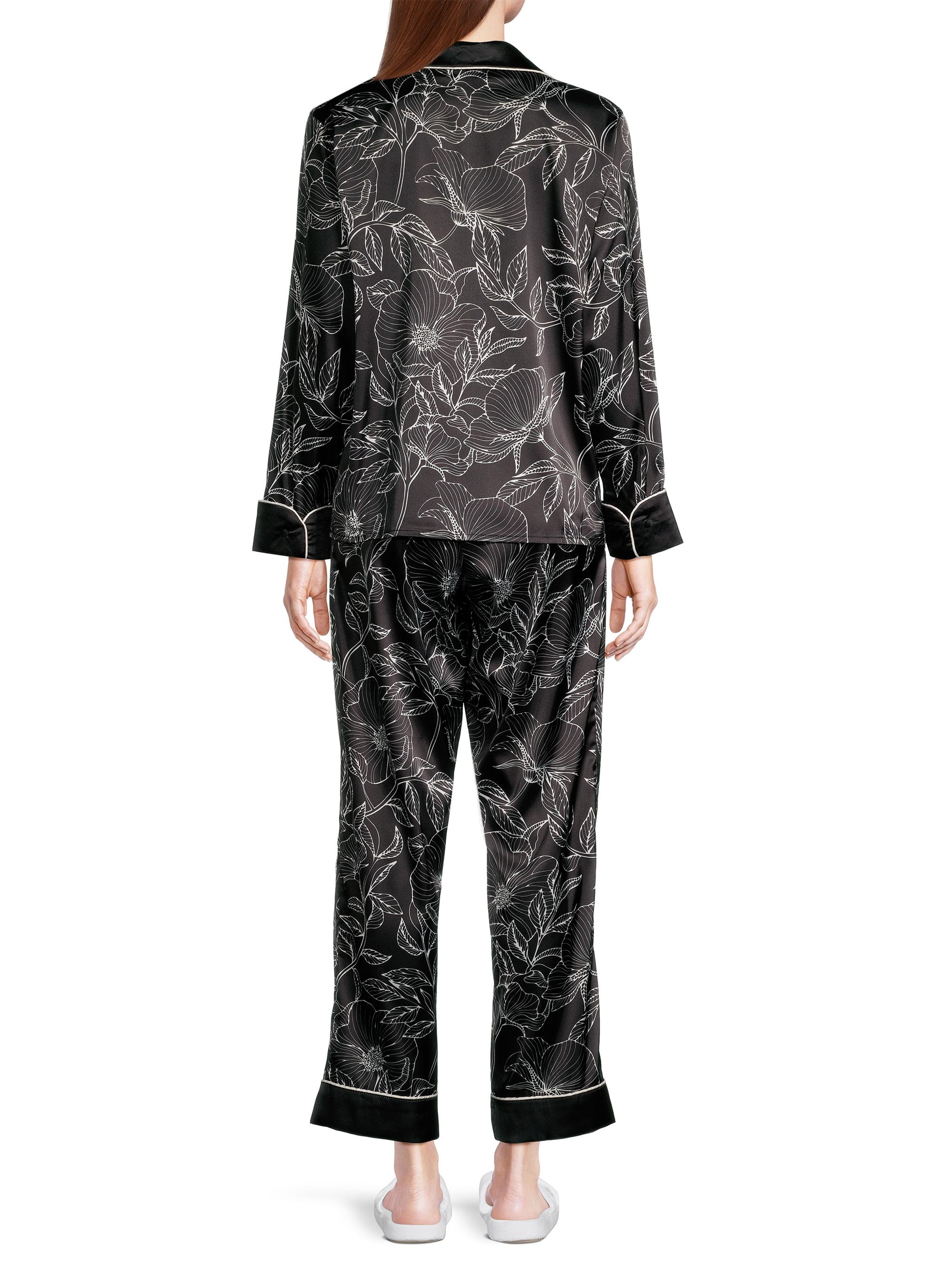 Averie Women's Leaf Print Long Pajama Set - Black | Thumbnail 5
