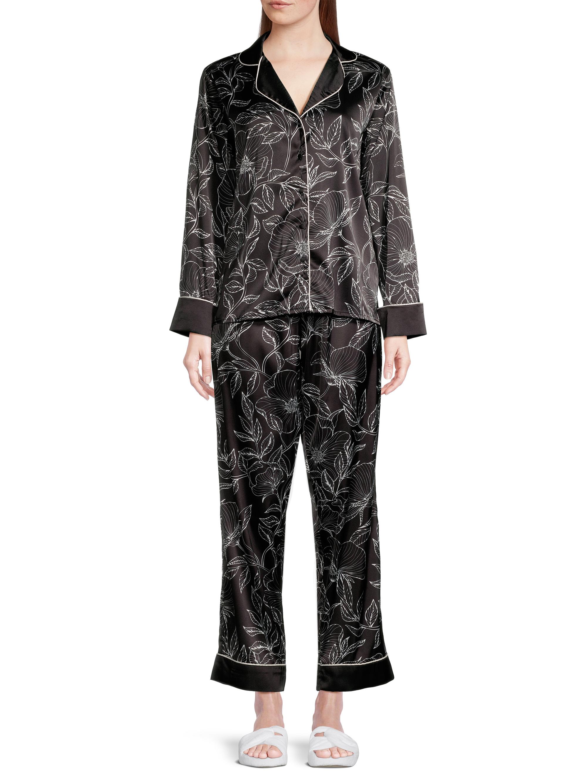Averie Women's Leaf Print Long Pajama Set - Black | Thumbnail 2