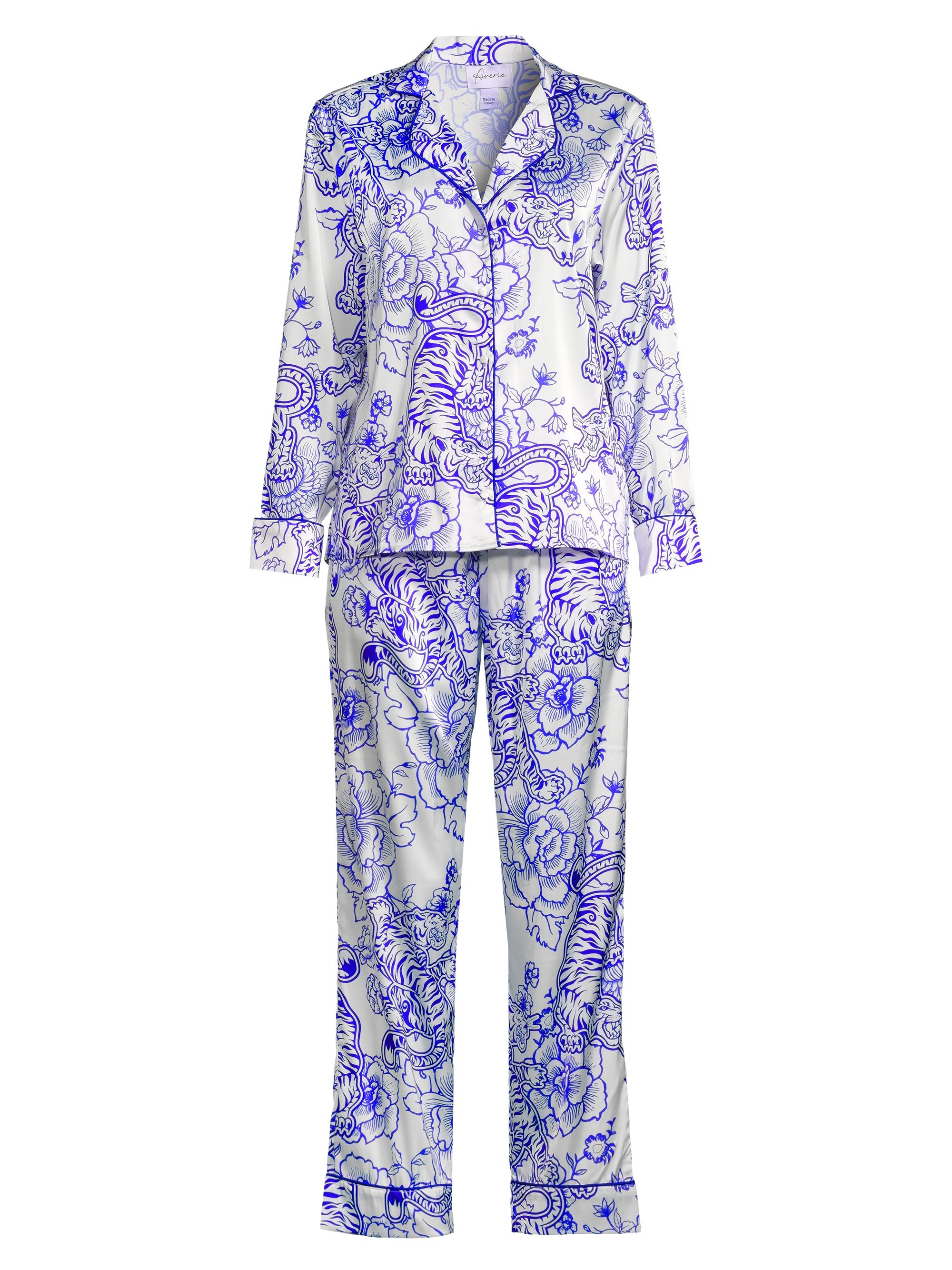 Averie Women's Floral Two-Piece Long Pajama Set - Blue White