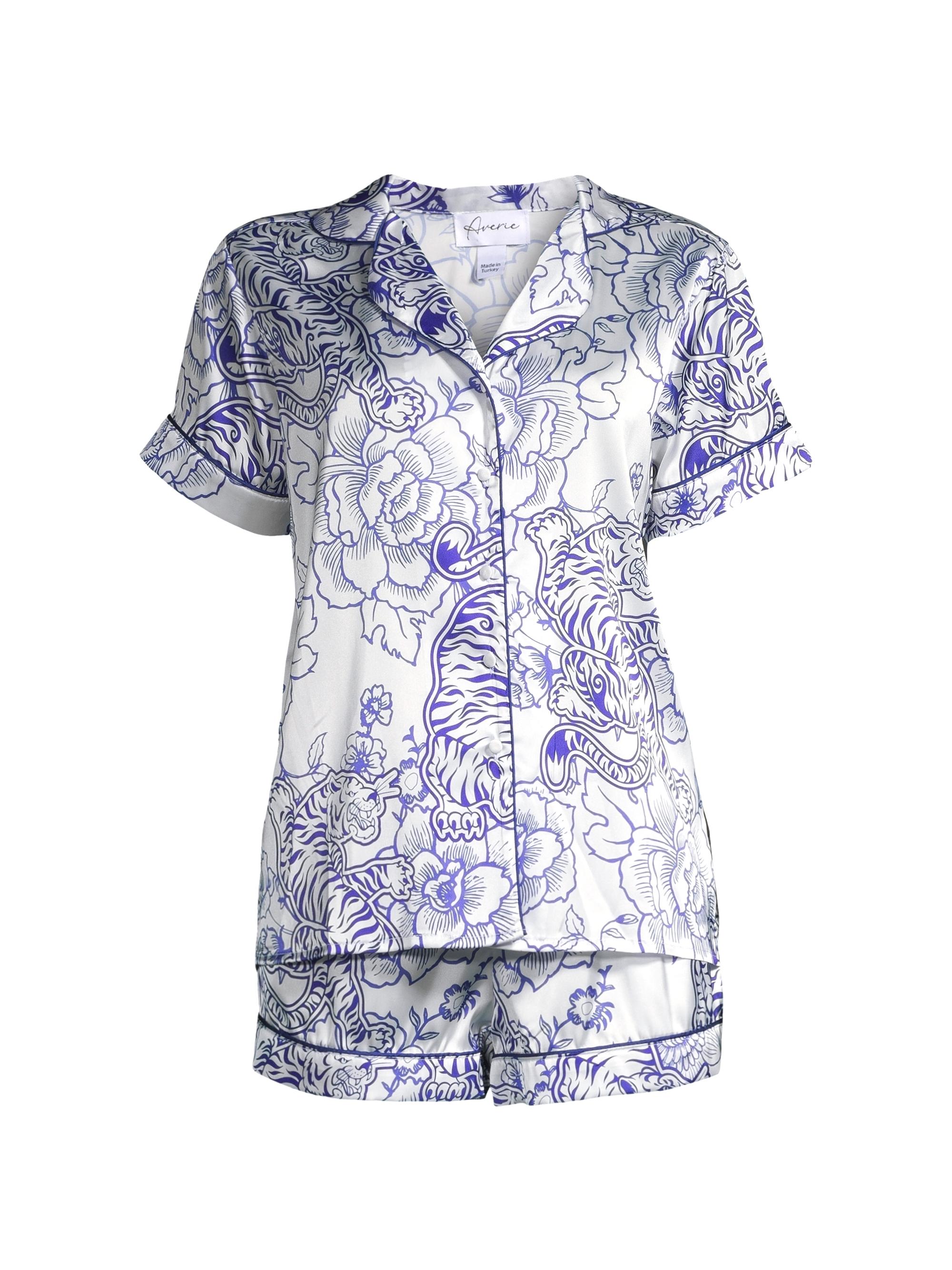 Averie Women's Floral Tiger Satin Pajama Set - Blue White