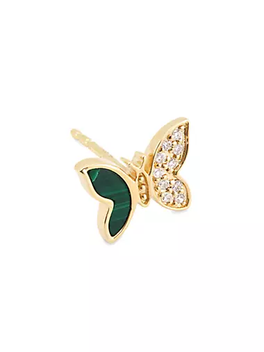 70s Glam 14K Yellow Gold, Malachite & 0.035 TCW Diamond Butterfly Stud Earring