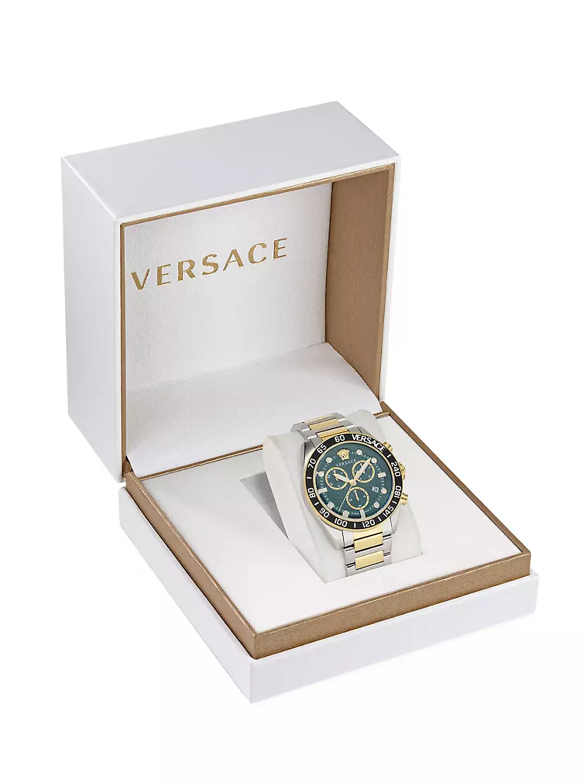 Shop Versace Greca Dome Chrono Fifth Stainless Saks Watch | Avenue Two-Tone Steel