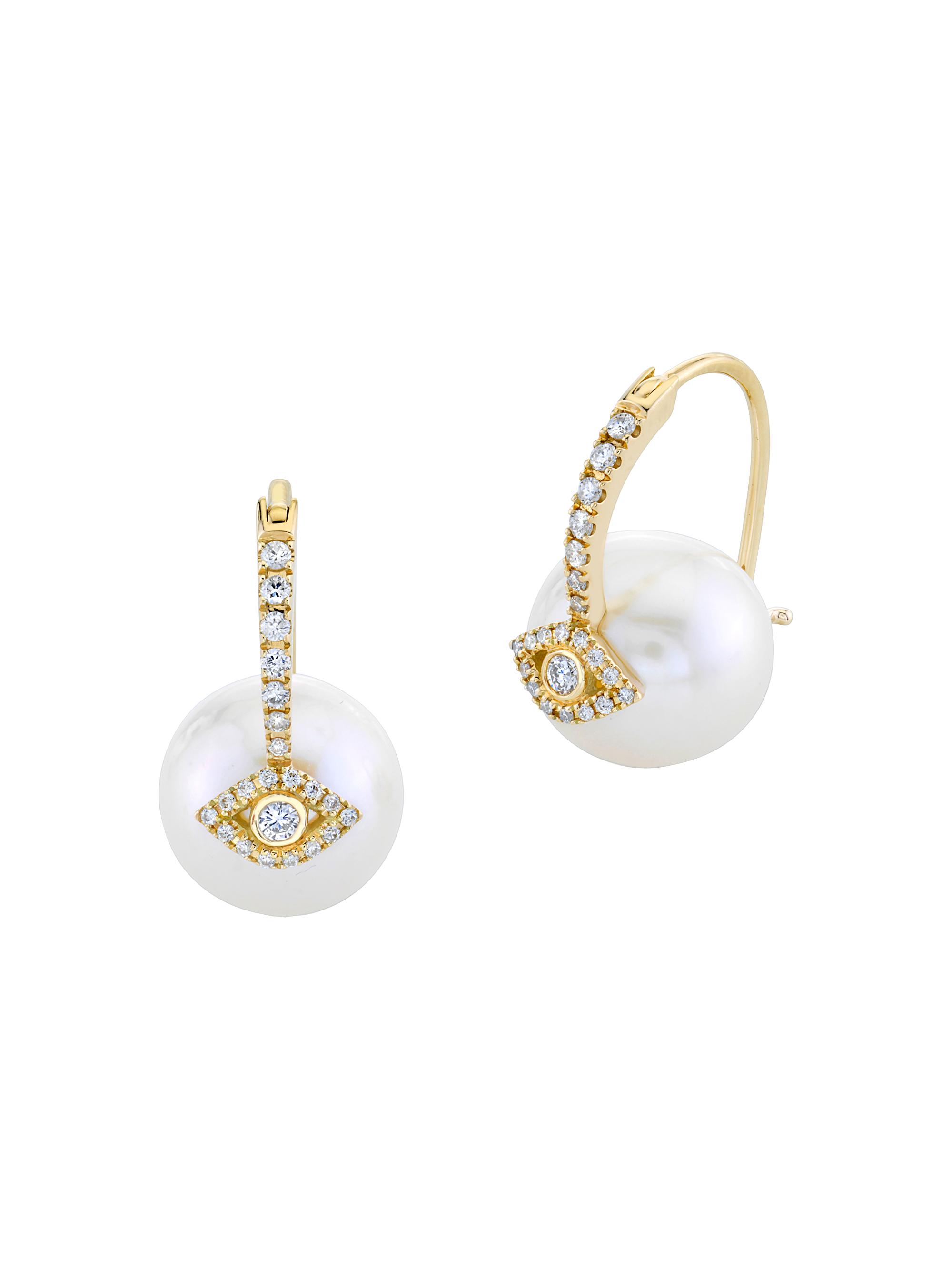 Sydney Evan Women's 14K Yellow Gold, Freshwater Pearl & 0.21 TCW Diamond Evil Eye Drop Earrings - Pearl