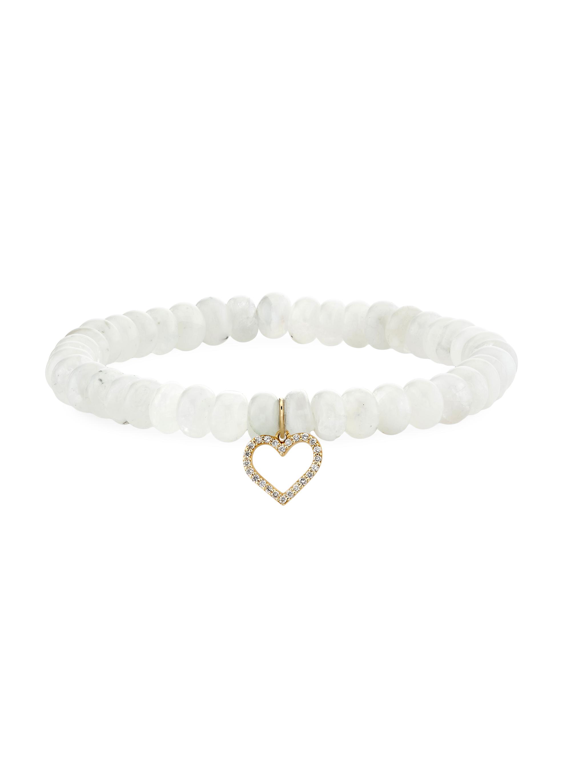Sydney Evan Women's 14K Gold, Diamond & Moonstone Open Heart Charm Bracelet - White