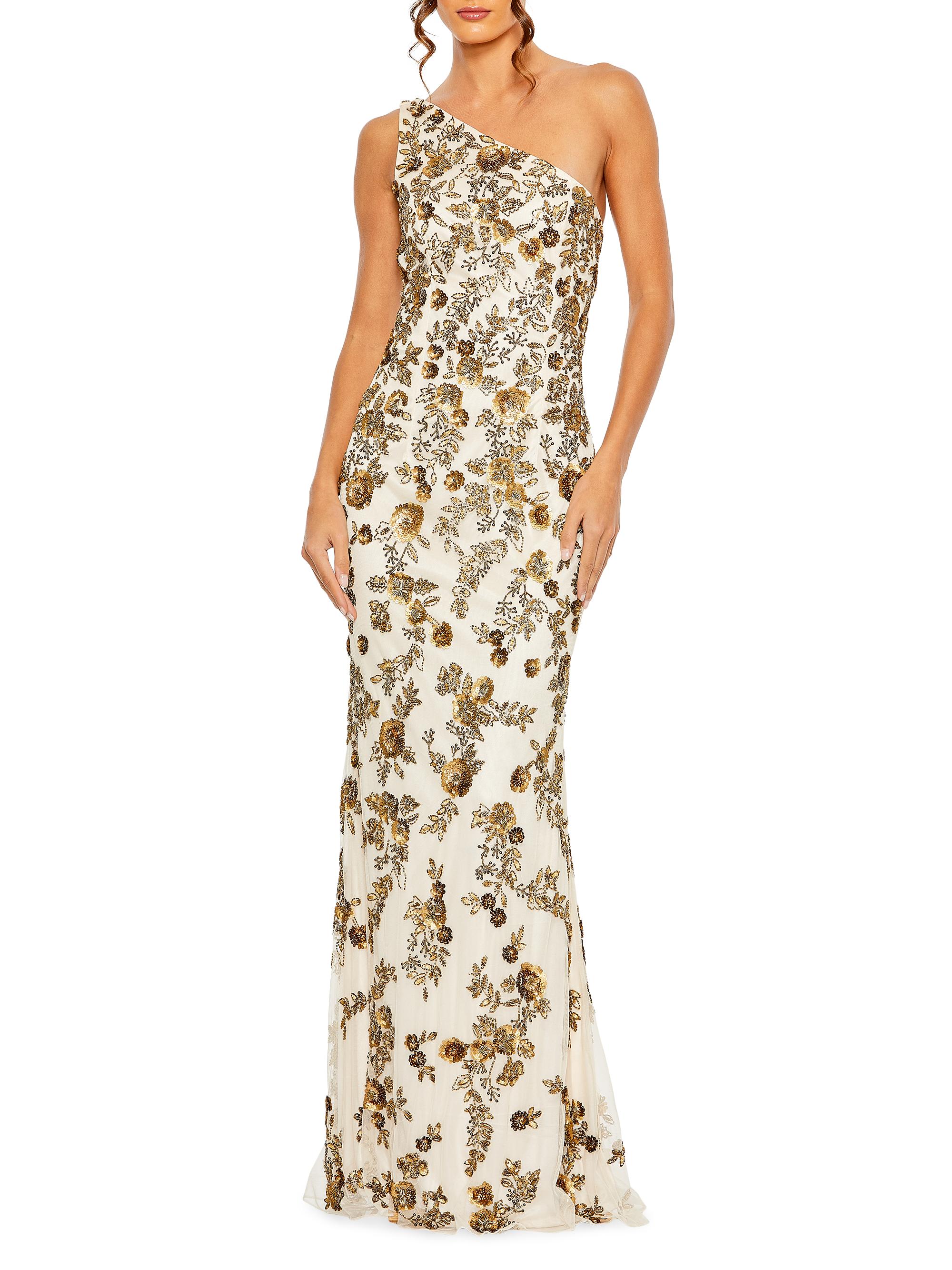 Mac Duggal Women's Asymmetric Floral Beaded Gown - Champagne Gold