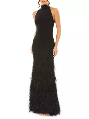 Mac Duggal Women's Feathered Jersey Halter Gown - Black