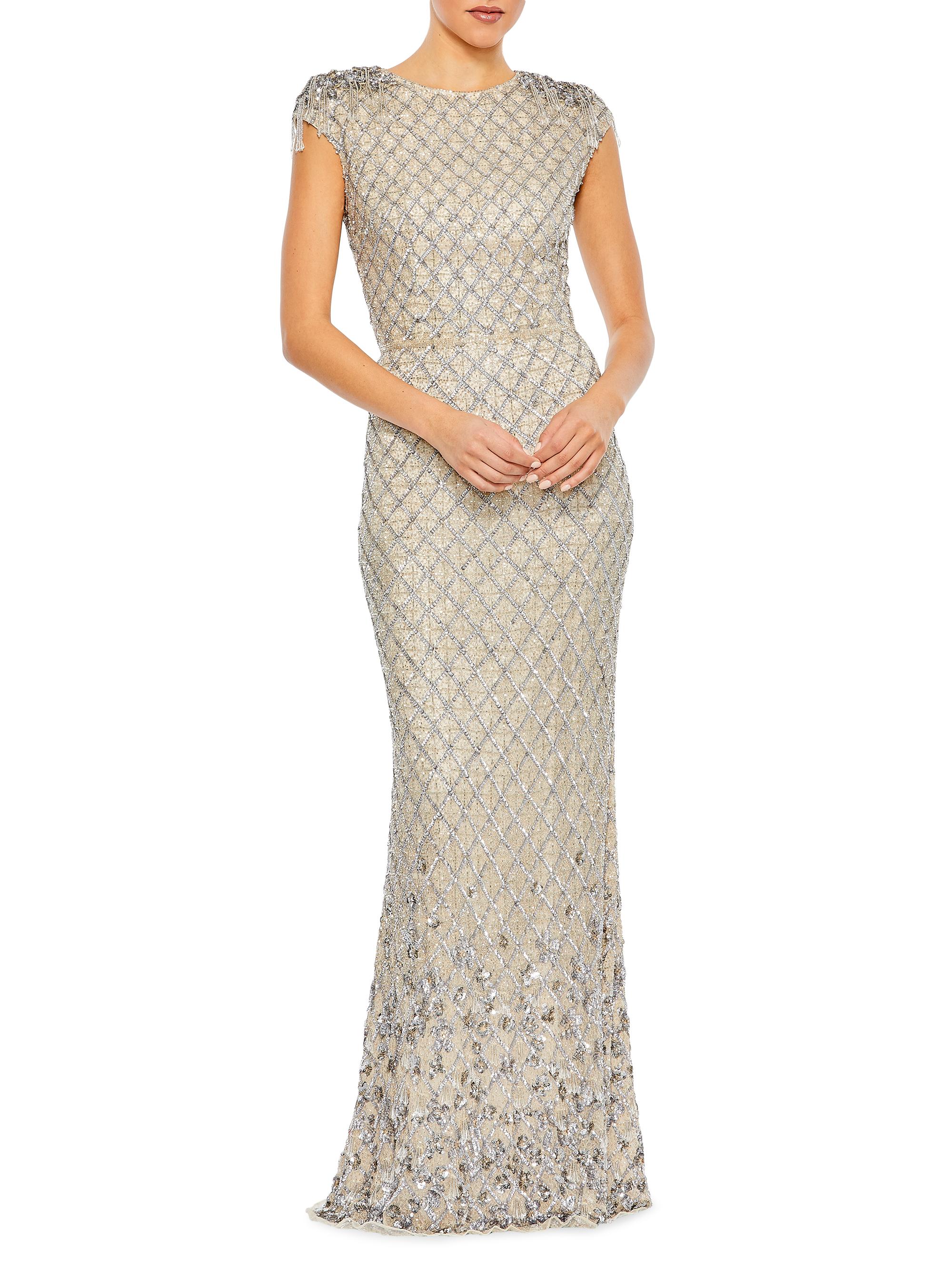 Mac Duggal Women's Crystal-Embellished Cap-Sleeve Column Gown - Silver