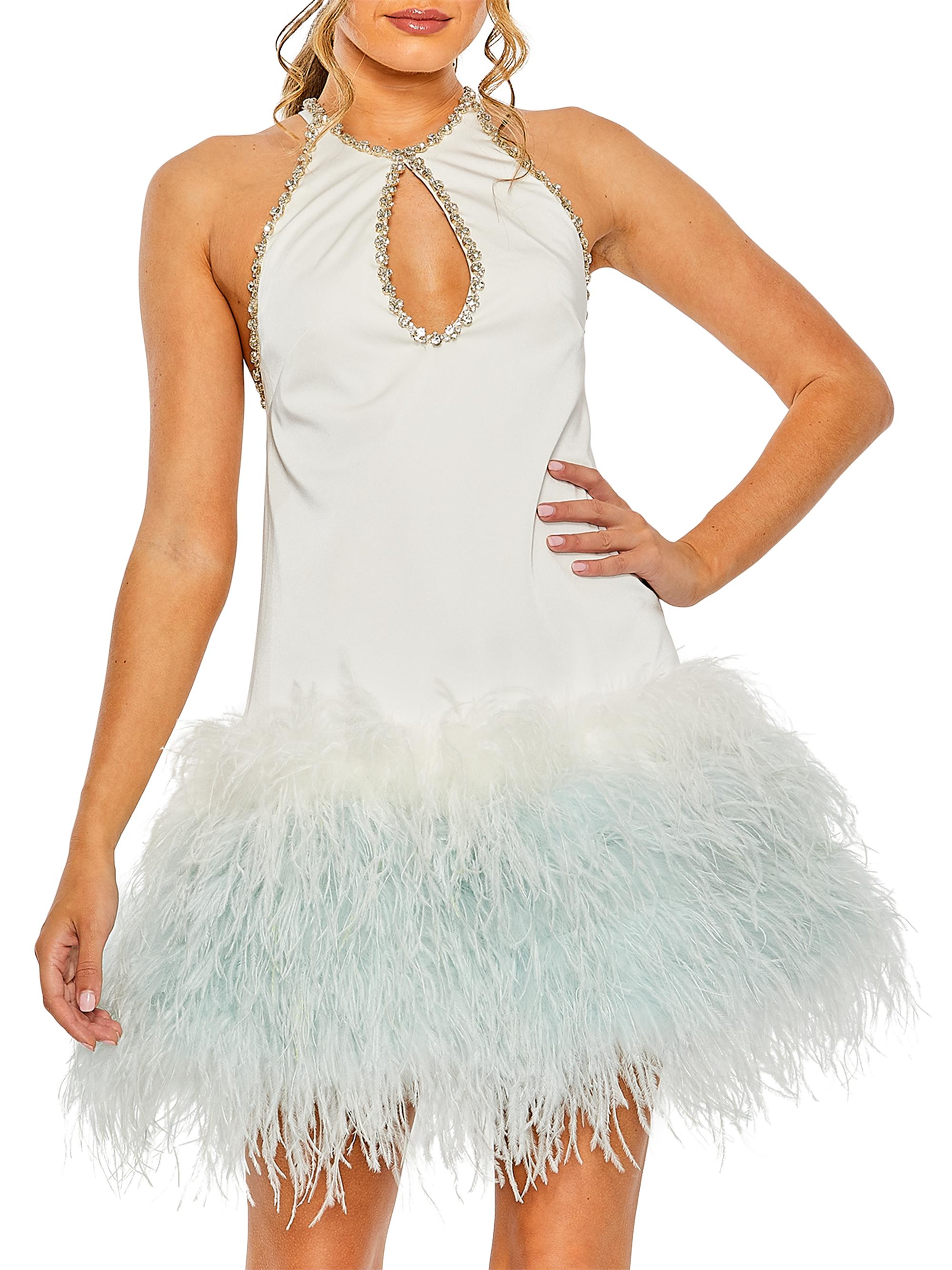 Mac Duggal Women's Feather-Trim Halterneck Dress - White