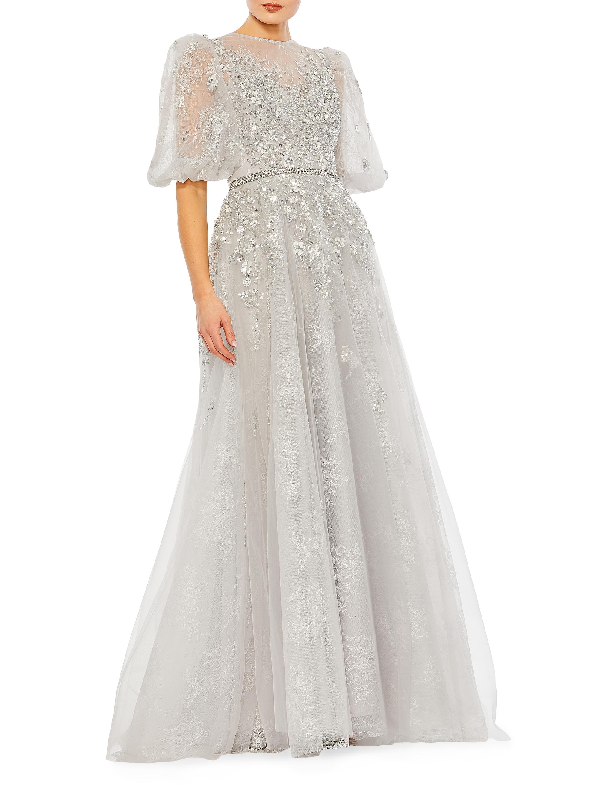 Mac Duggal Women's Sequin-Embellished Puff-Sleeve Gown - Platinum