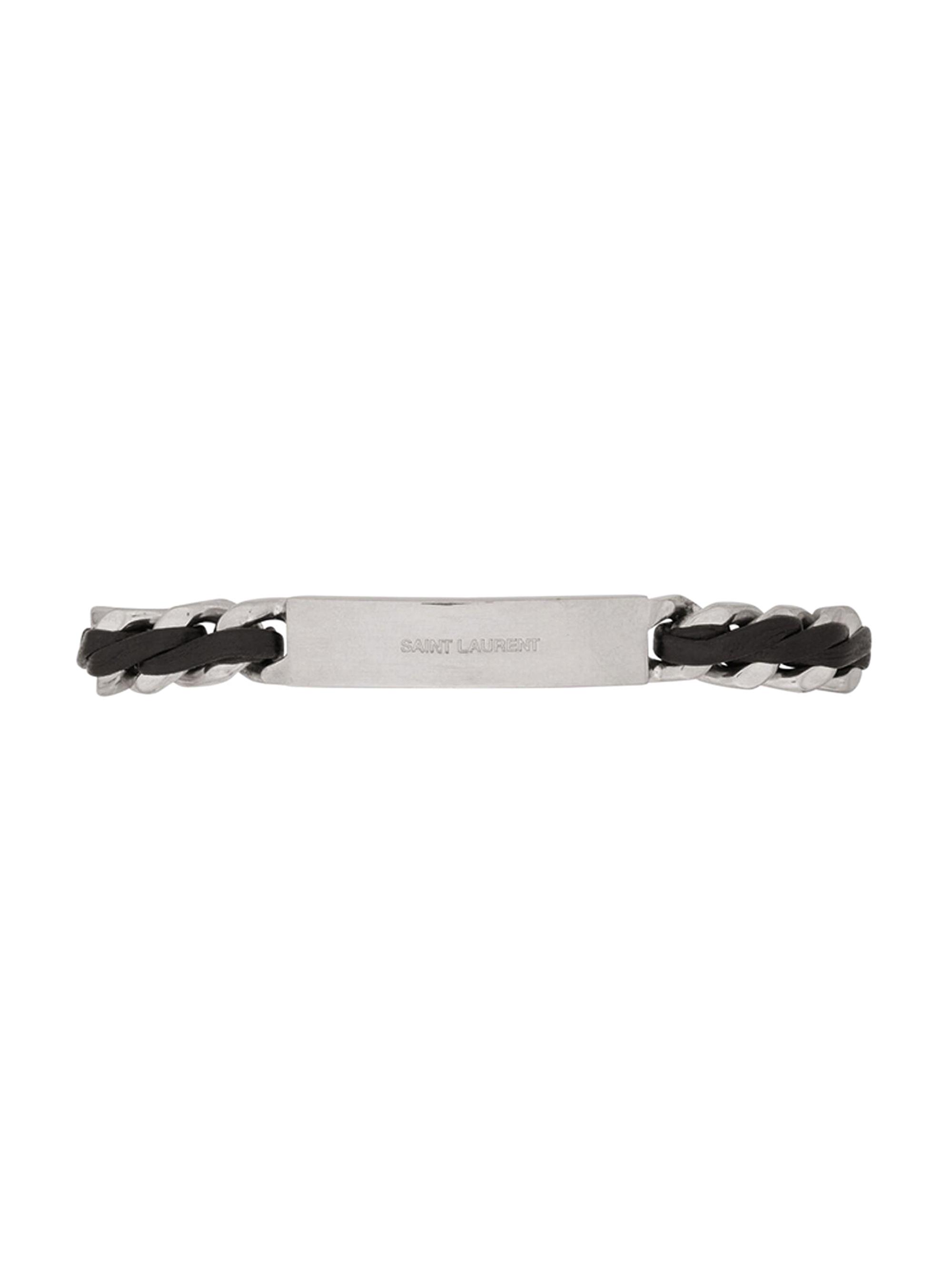 Saint Laurent Men's Tag Curb Chain Bracelet in Leather and Metal - Nickel Nero