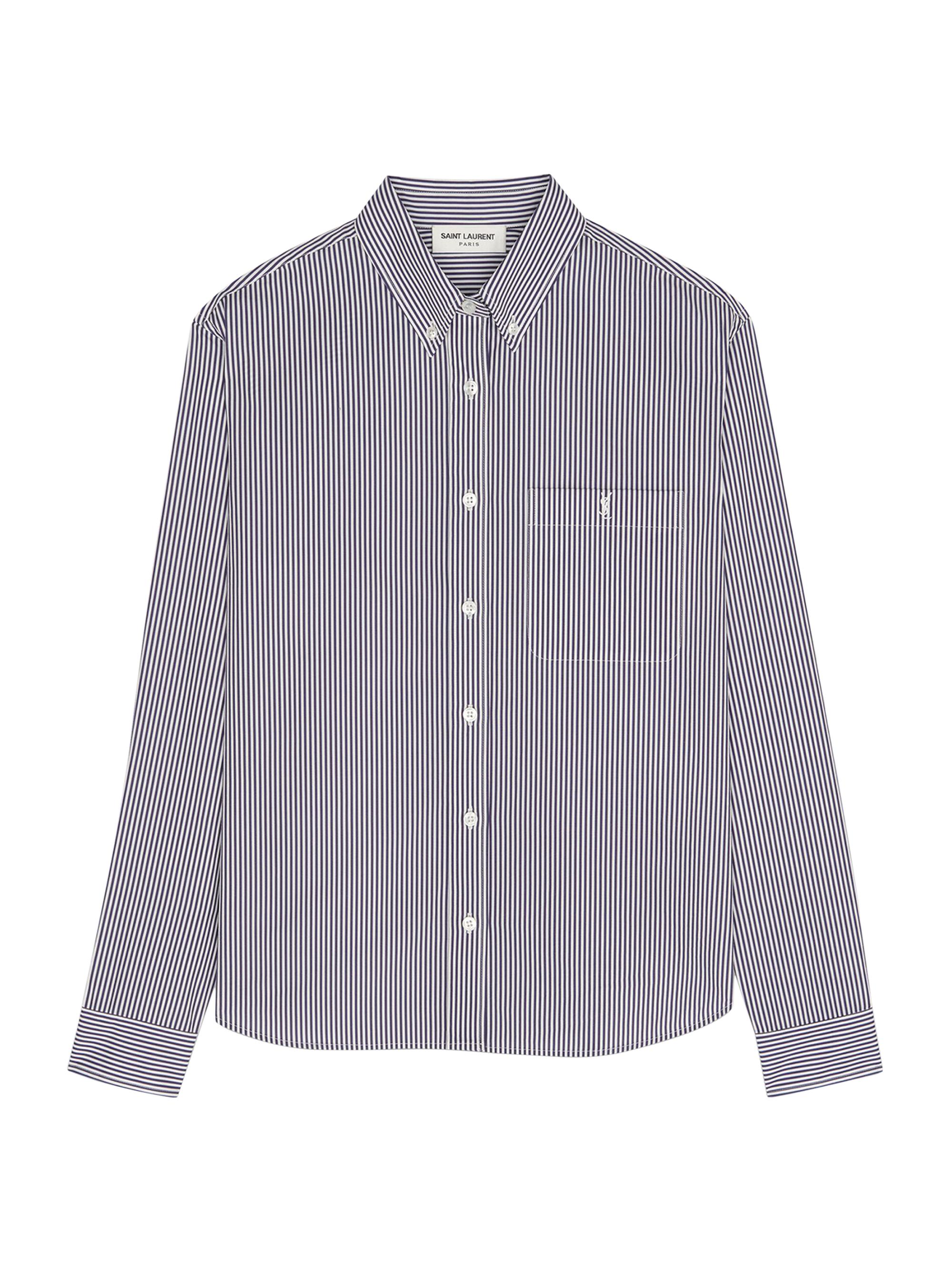 Saint Laurent Women's Monogram Shirt in Striped Cotton Poplin - Blanc Encre