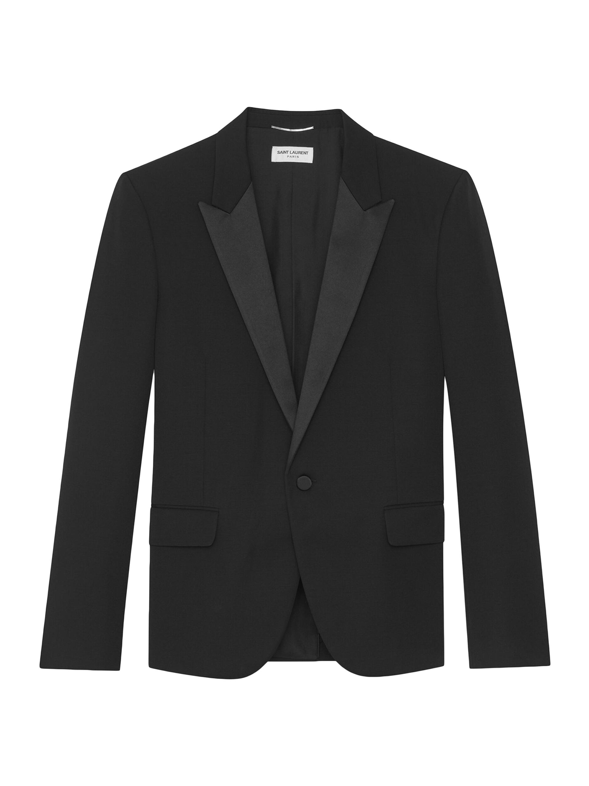 Saint Laurent Men's Peaked Lapel Tuxedo Jacket in Grain De Poudre Nero