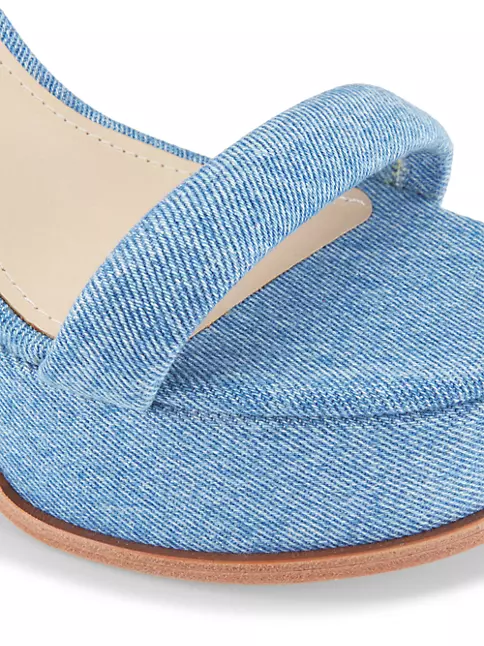 Chanel Light Blue Denim Raffia Platform Wedge Ankle Strap Sandals