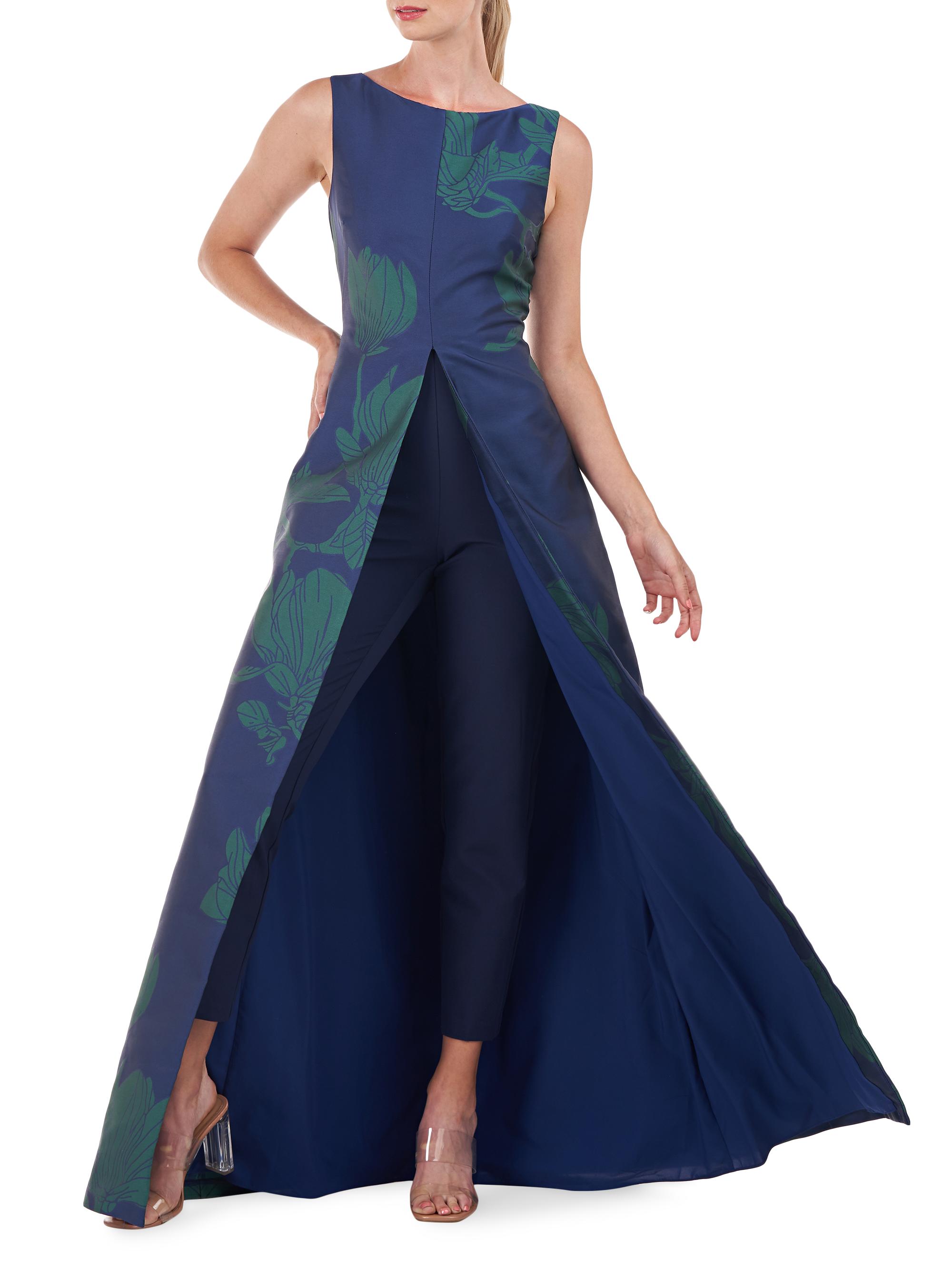 Kay Unger Women's Lorena Magnolia-Jacquard Walk-Thru Jumpsuit - Marine Blue Jade
