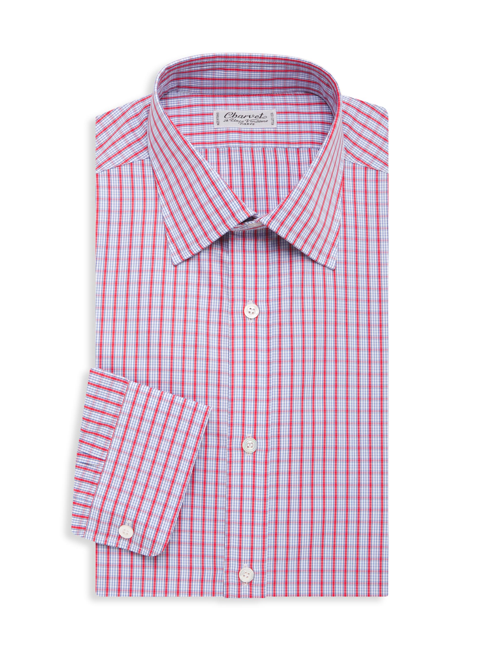 Charvet Men's Windowpane Check Dress Shirt - White Red Blue