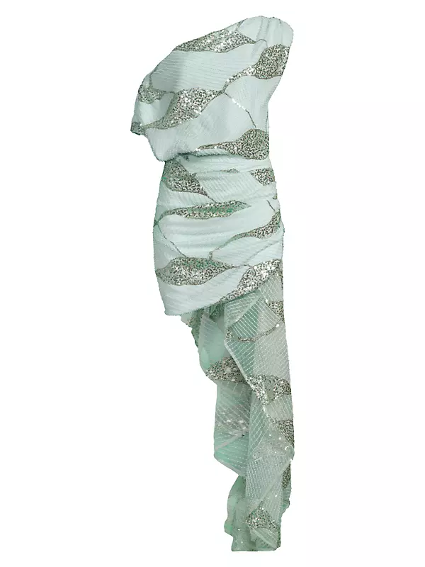 Luecia Mini Dress - Asymmetric One Shoulder Puff Sleeve Dress in