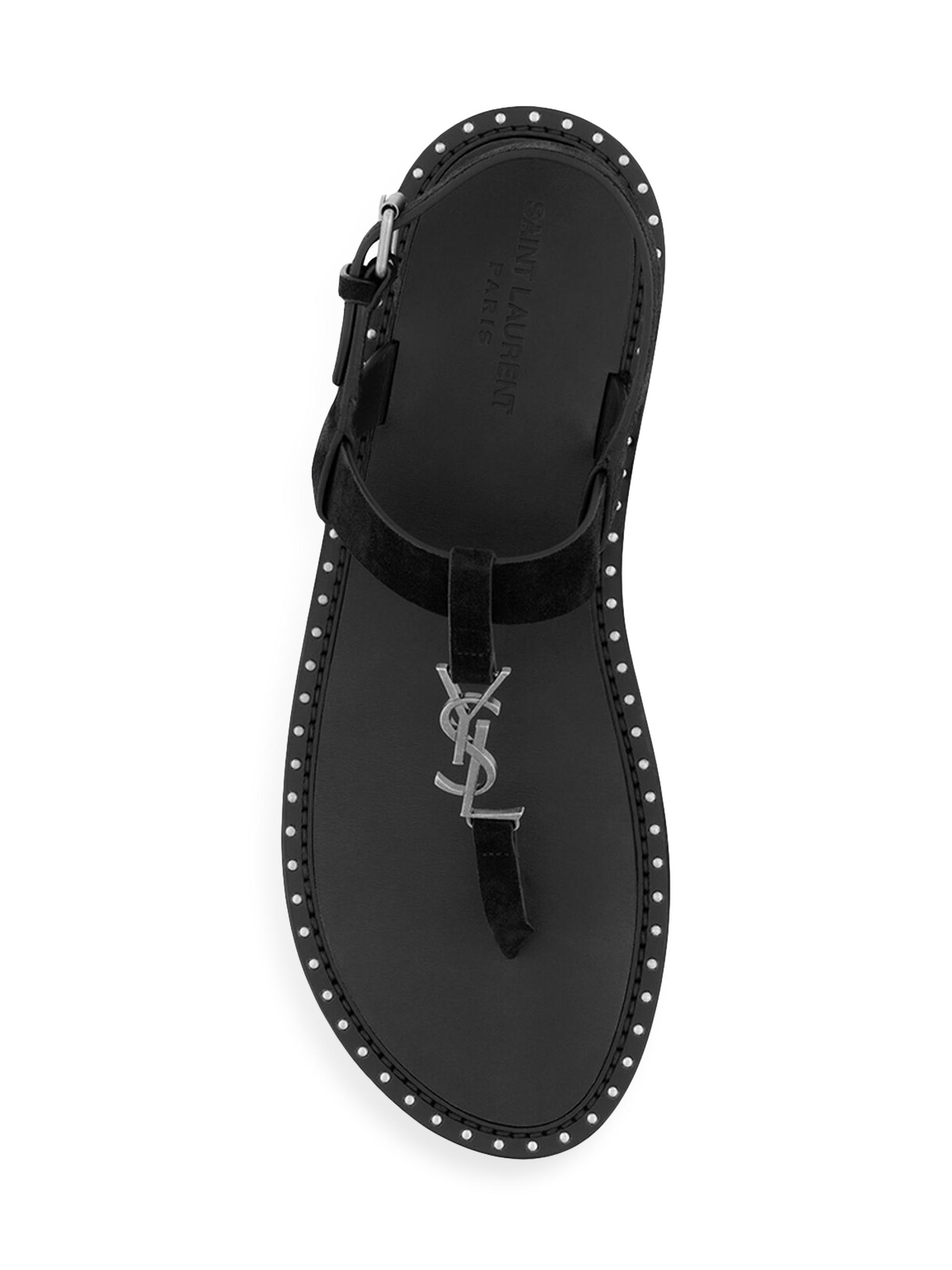 Saint Laurent Cassandra Flat Sandals in Suede with Silver-tone Monogram Black Saint Laurent Metal Monogram Cassandra Sandals - Runway Catalog main image 3