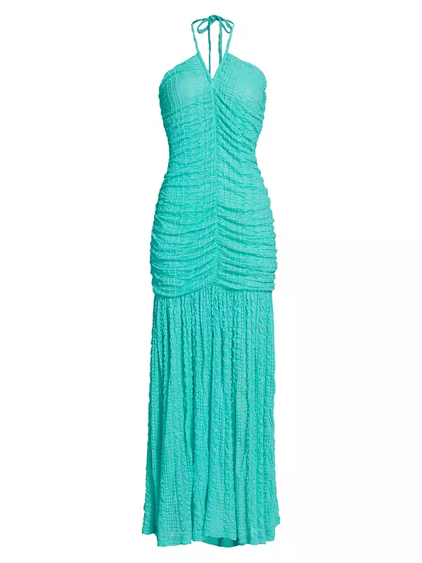 Ruched Stretch Lace Halter Maxi Dress
