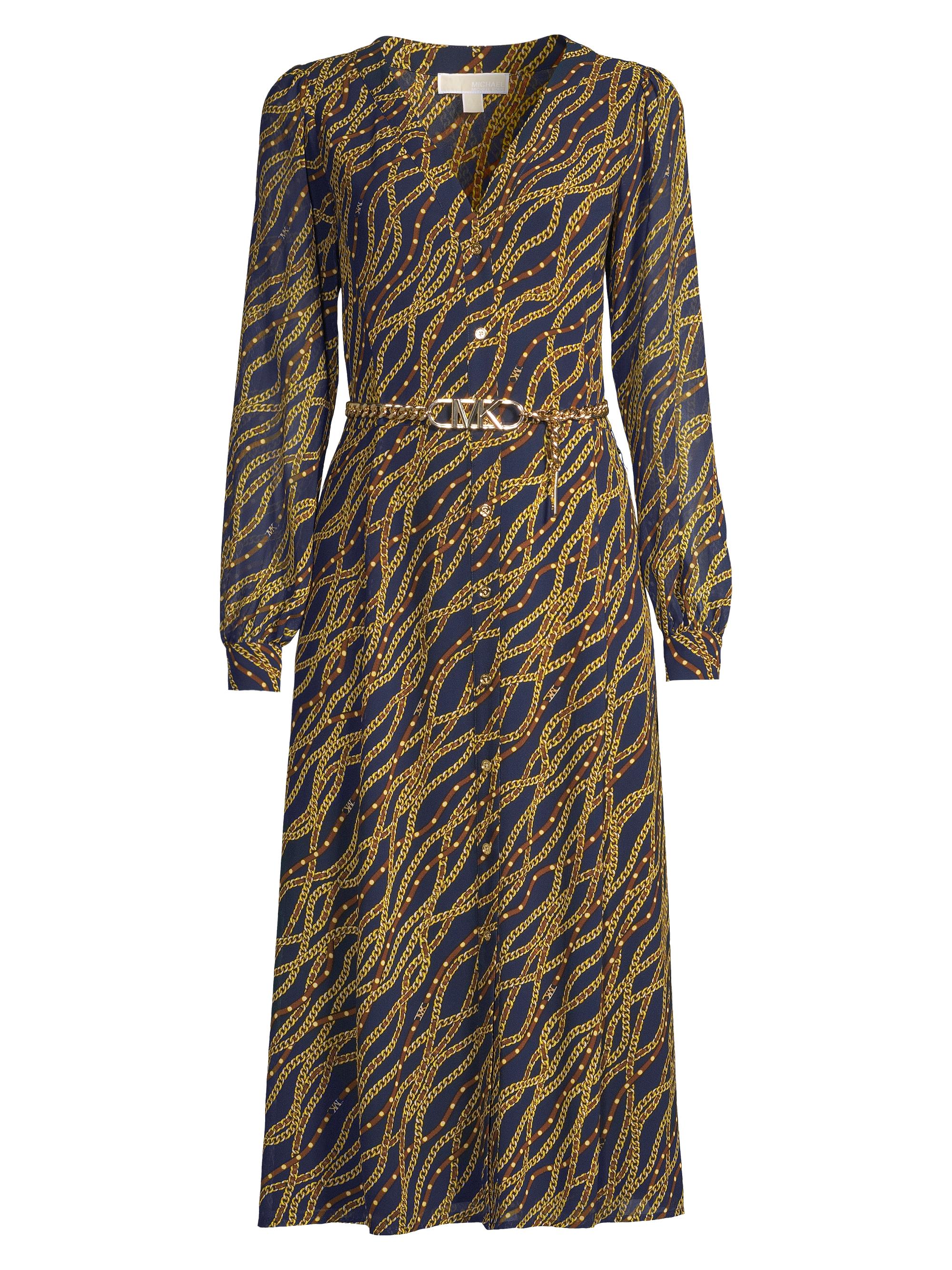 MICHAEL Michael Kors Belted Chain-Print Georgette Midi-Dress