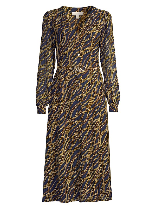 michael kors dress Outlet Cotton Blend Zip-Up Mini in Natural cut florals and mirror embellishments give this mini dress a double dose of texture MICHAEL Michael Kors Belted Chain-Print