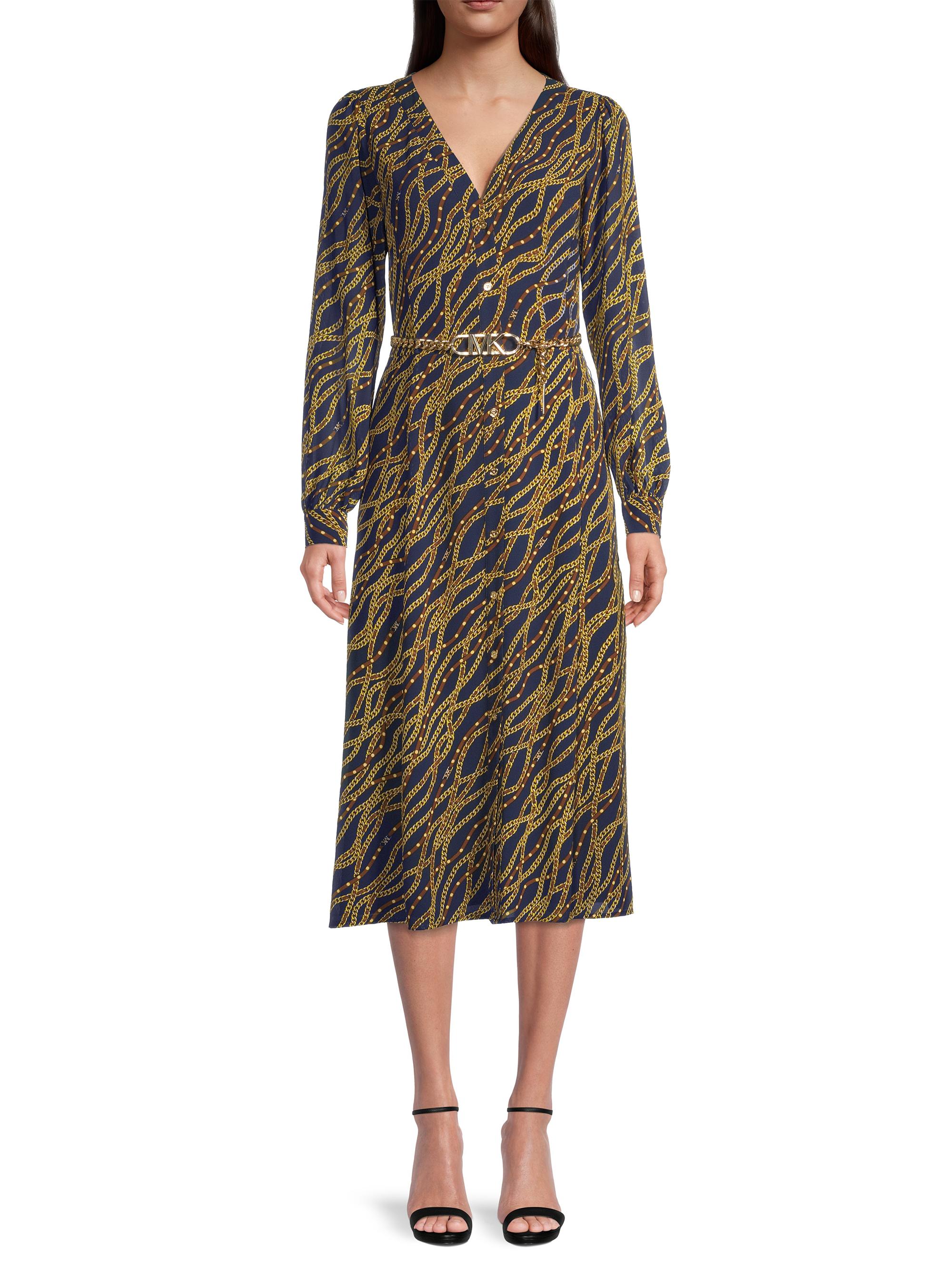 MICHAEL Michael Kors Belted Chain-Print Georgette Midi-Dress