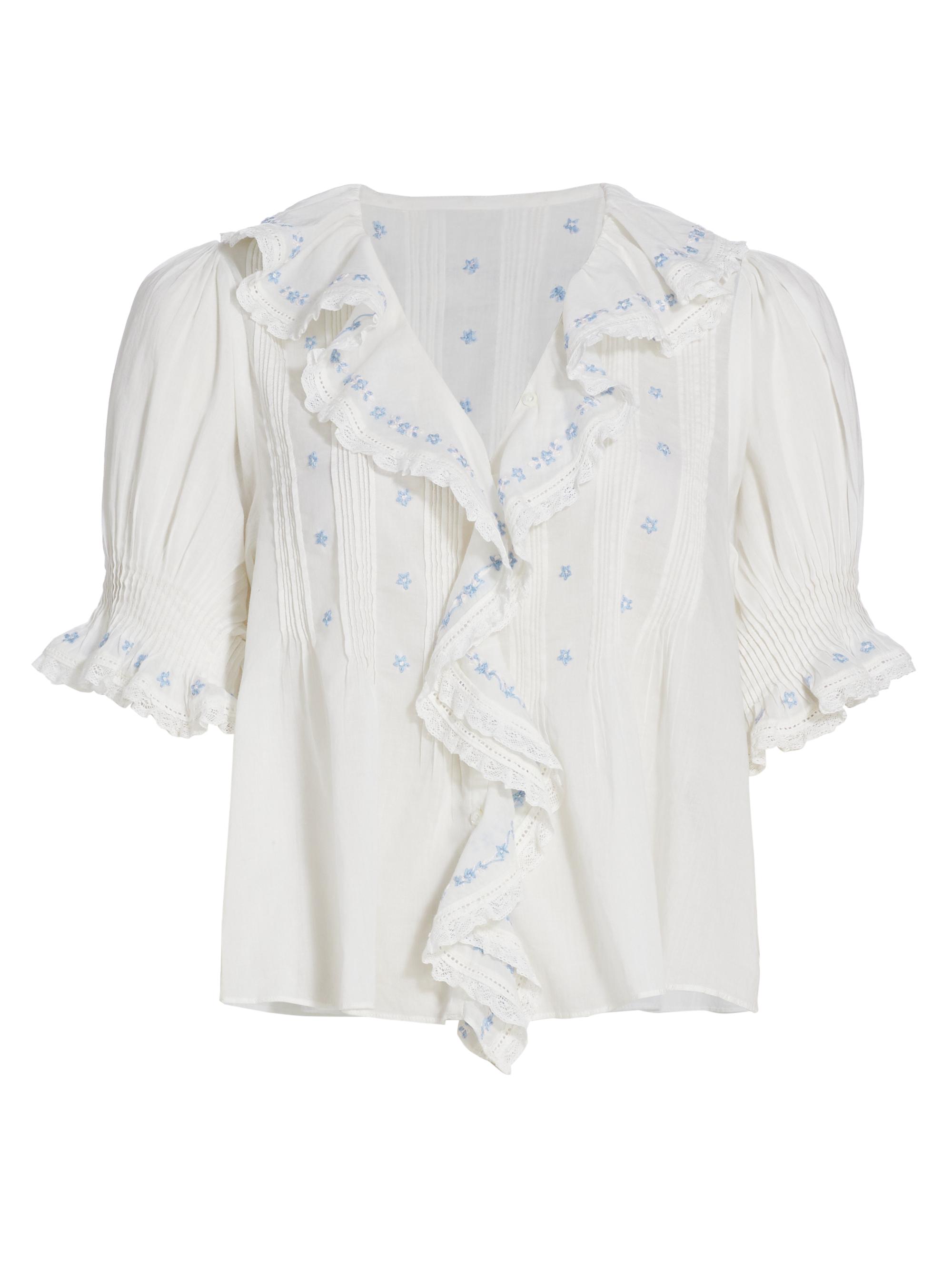 DÔEN Women's Hettie Embroidered Ruffled Top - Salt