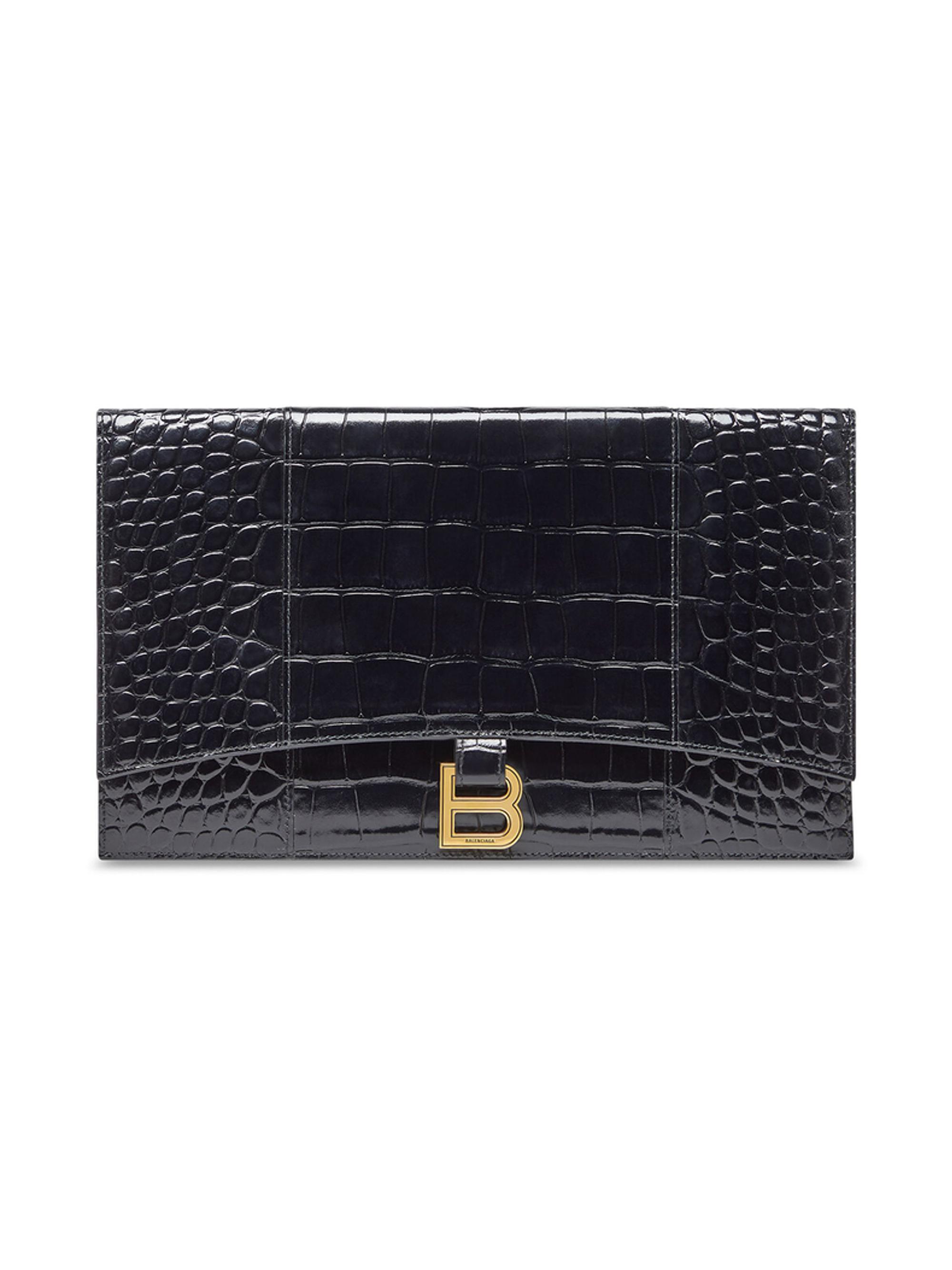 Balenciaga Women's Hourglass Flat Pouch with Flap Crocodile Embossed - Black