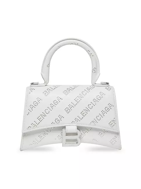 Balenciaga Hourglass Xs Handbag in Suede Calfskin with Rhinestones - White