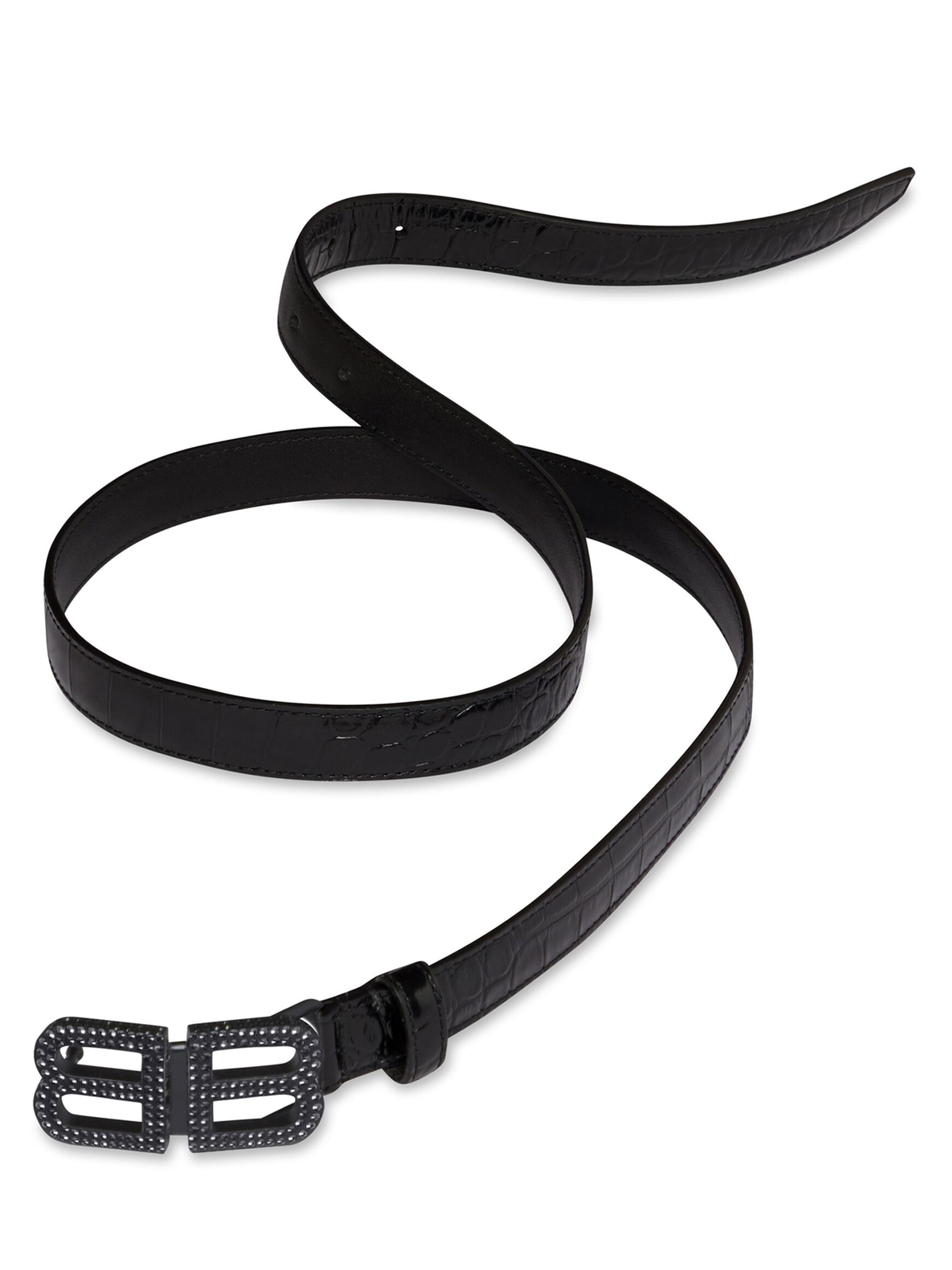 Balenciaga Women's BB Hourglass Thin Belt Crocodile Embossed with Rhinestones - Black