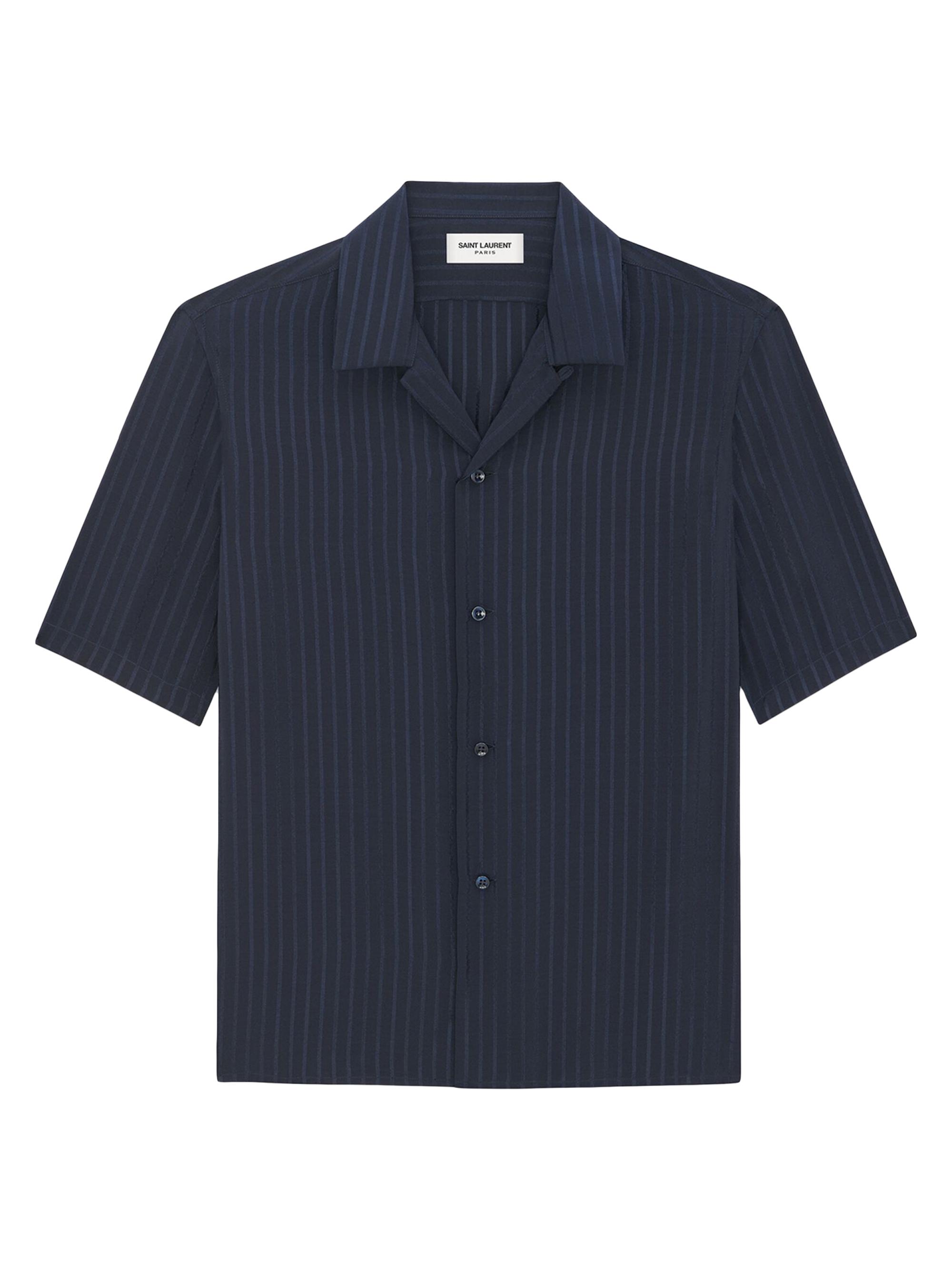 Saint Laurent Men's Shark-collar Shirt in Matte and Shiny Striped Silk - Bleu Nuit
