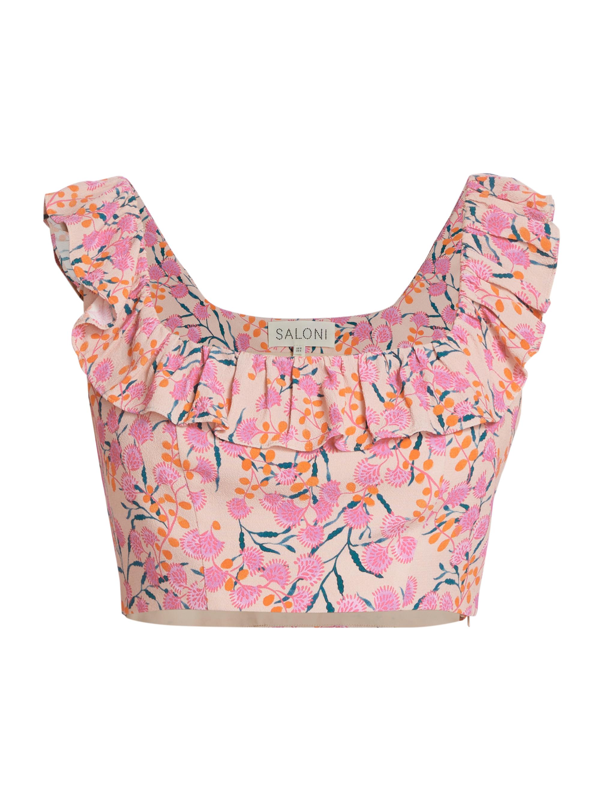 Saloni Women's Trish Floral Crepe Ruffled Crop Top - Samphire Coral | Thumbnail 8