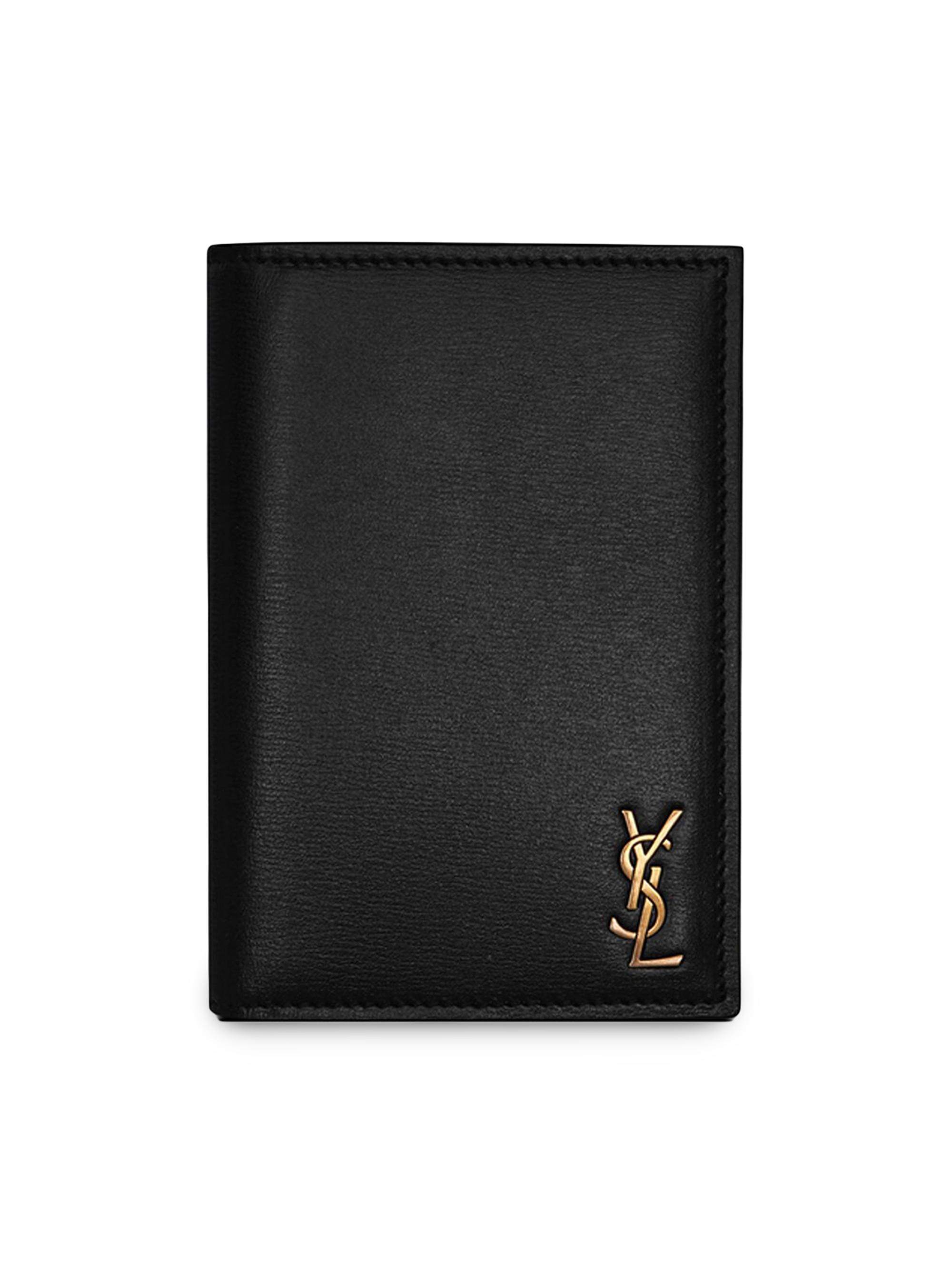 美品✨サンローランTINY CASSANDRE LEATHER 二つ折り財布 黒 Saint Laurent Tiny Cassandre Credit Card Wallet in Shiny Leather