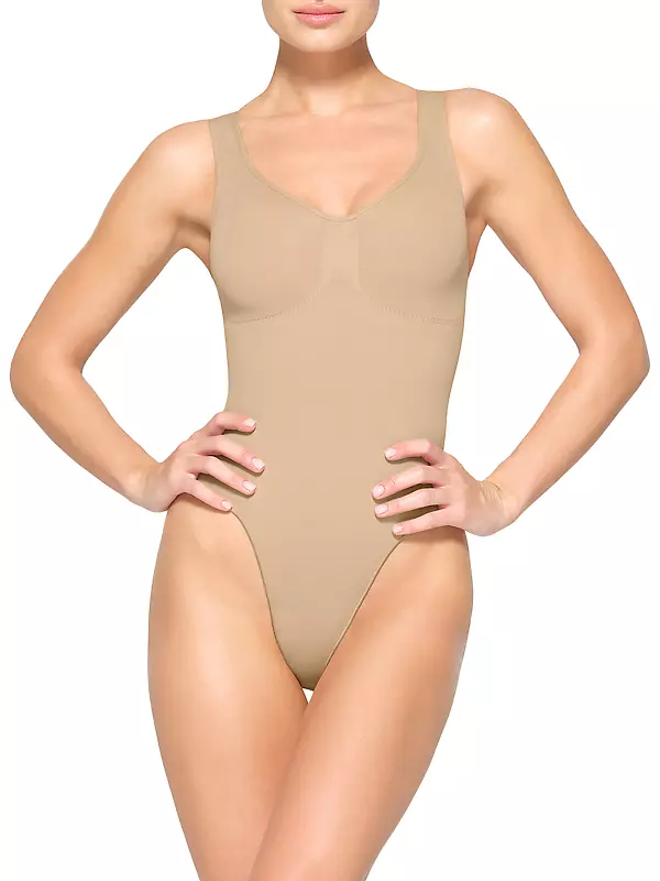 Popvcly Women Shapewear Seamless Thong Bodysuit with Built-in Wire Bra,  Skin, S