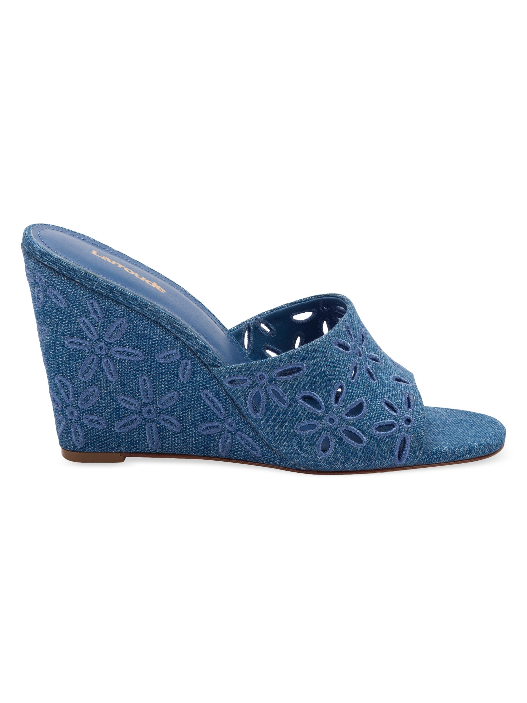 Larroudé Women's Jackie 95MM Denim Wedge Sandals - Blue